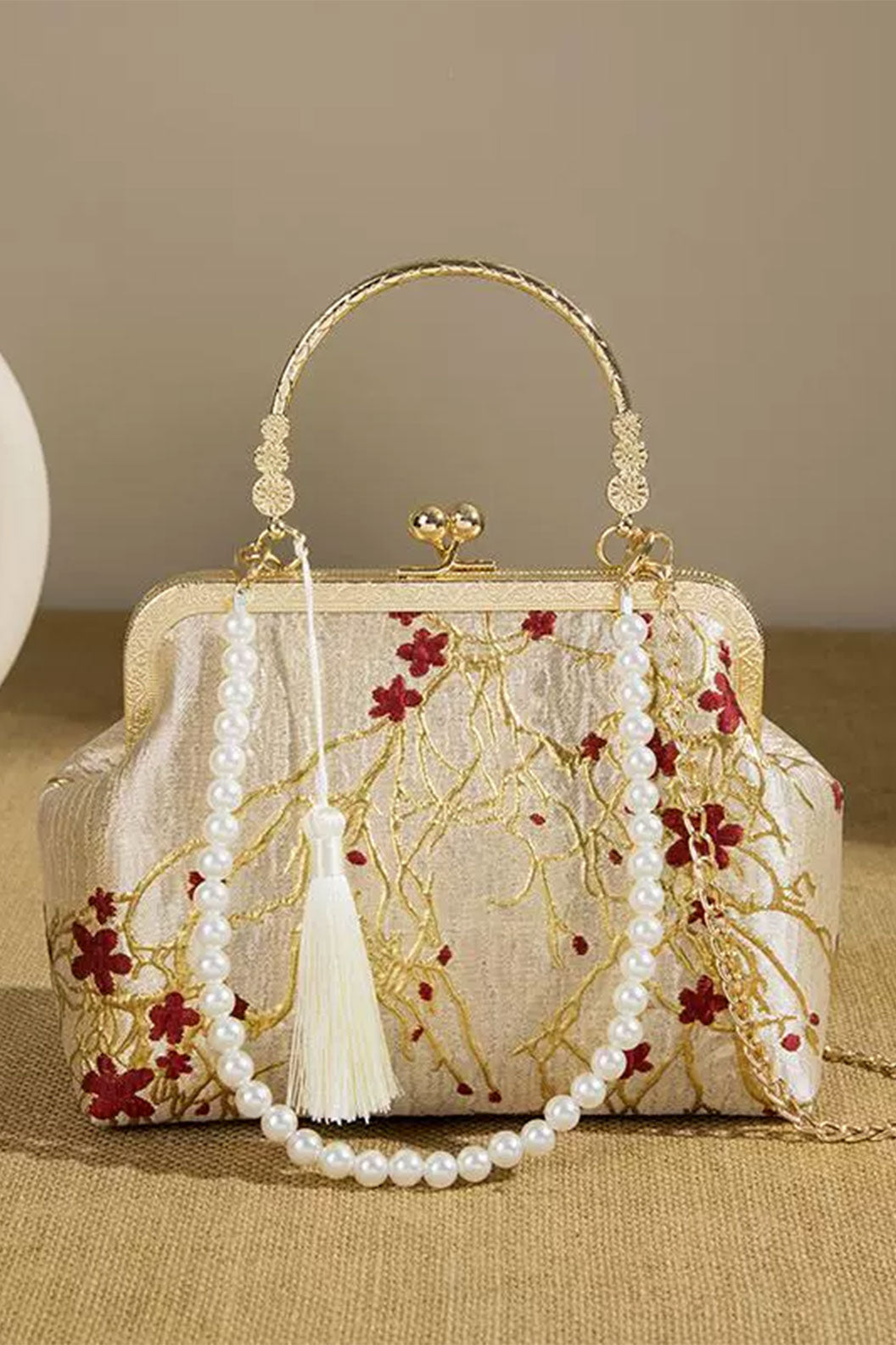 Embroidered Purse Apricot Gold Red Floral for Qipao