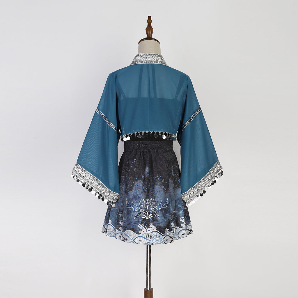 Modern Hanfu clothing Exotic Style Guofeng Short Ma Mian Skirt Blue Hanfu dress - linyao 响铃