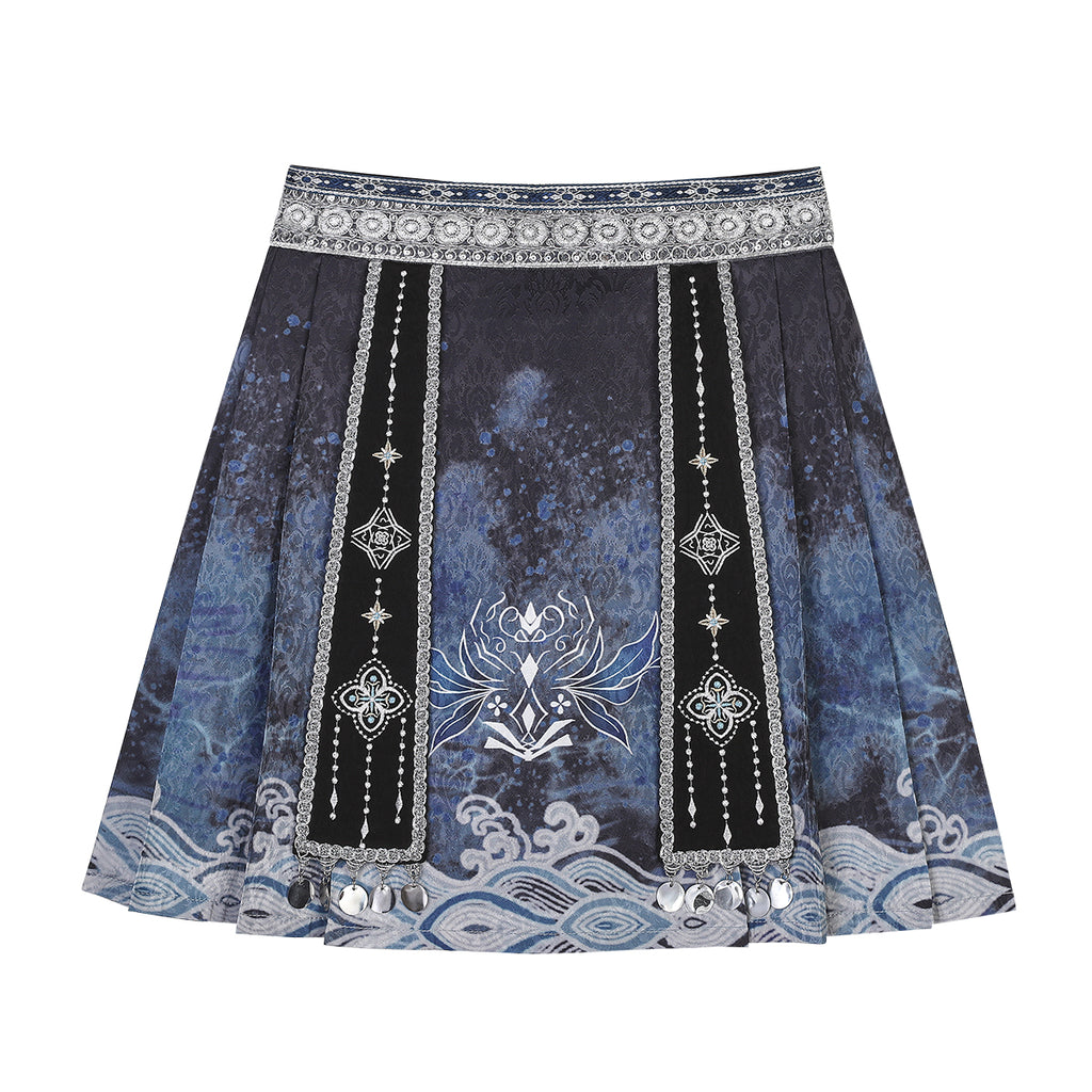 Modern Hanfu clothing Exotic Style Guofeng Short Ma Mian Skirt Blue Hanfu dress - linyao 响铃
