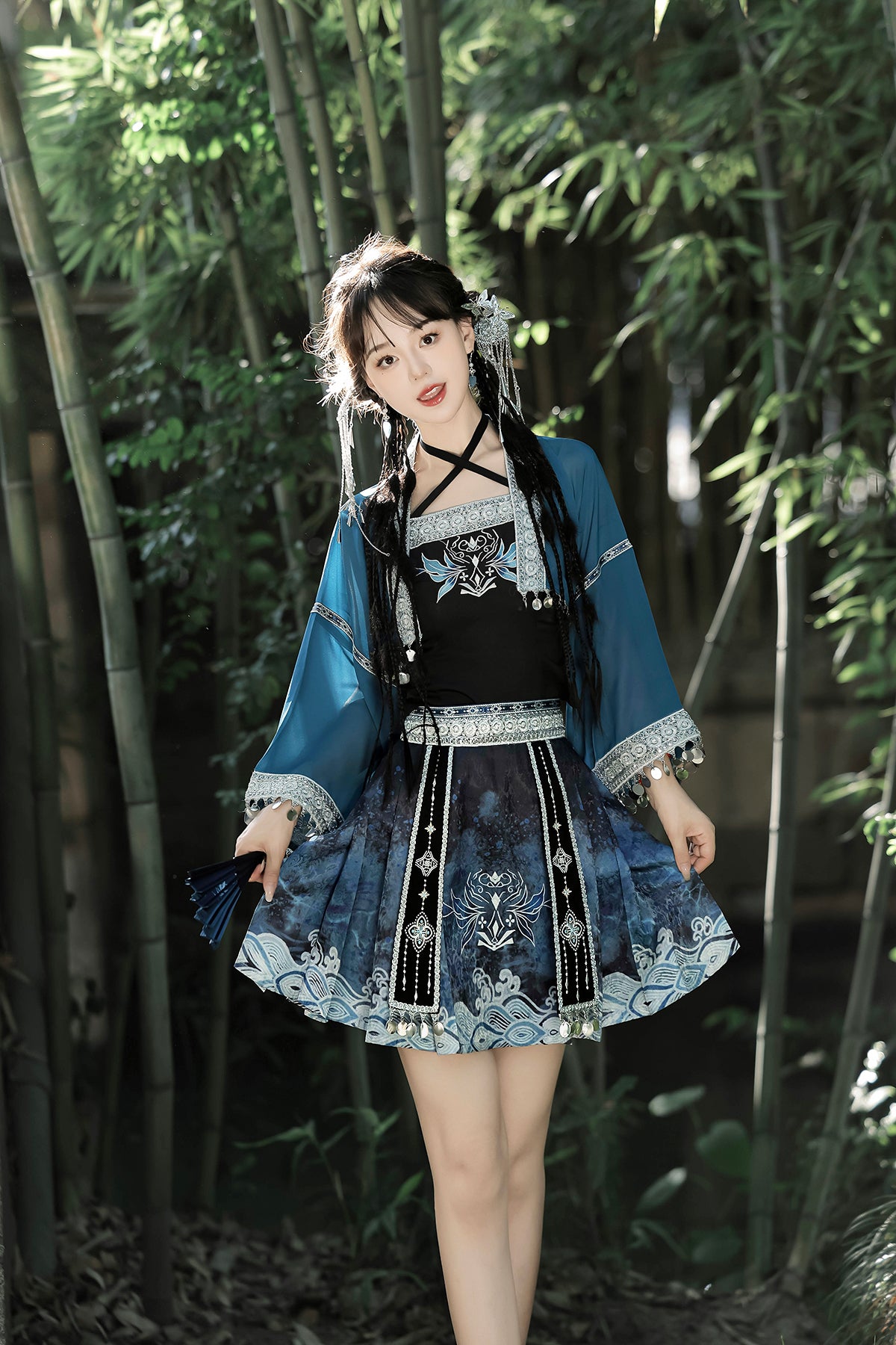 Modern Hanfu clothing Exotic Style Guofeng Short Ma Mian Skirt Blue Hanfu dress - linyao 响铃
