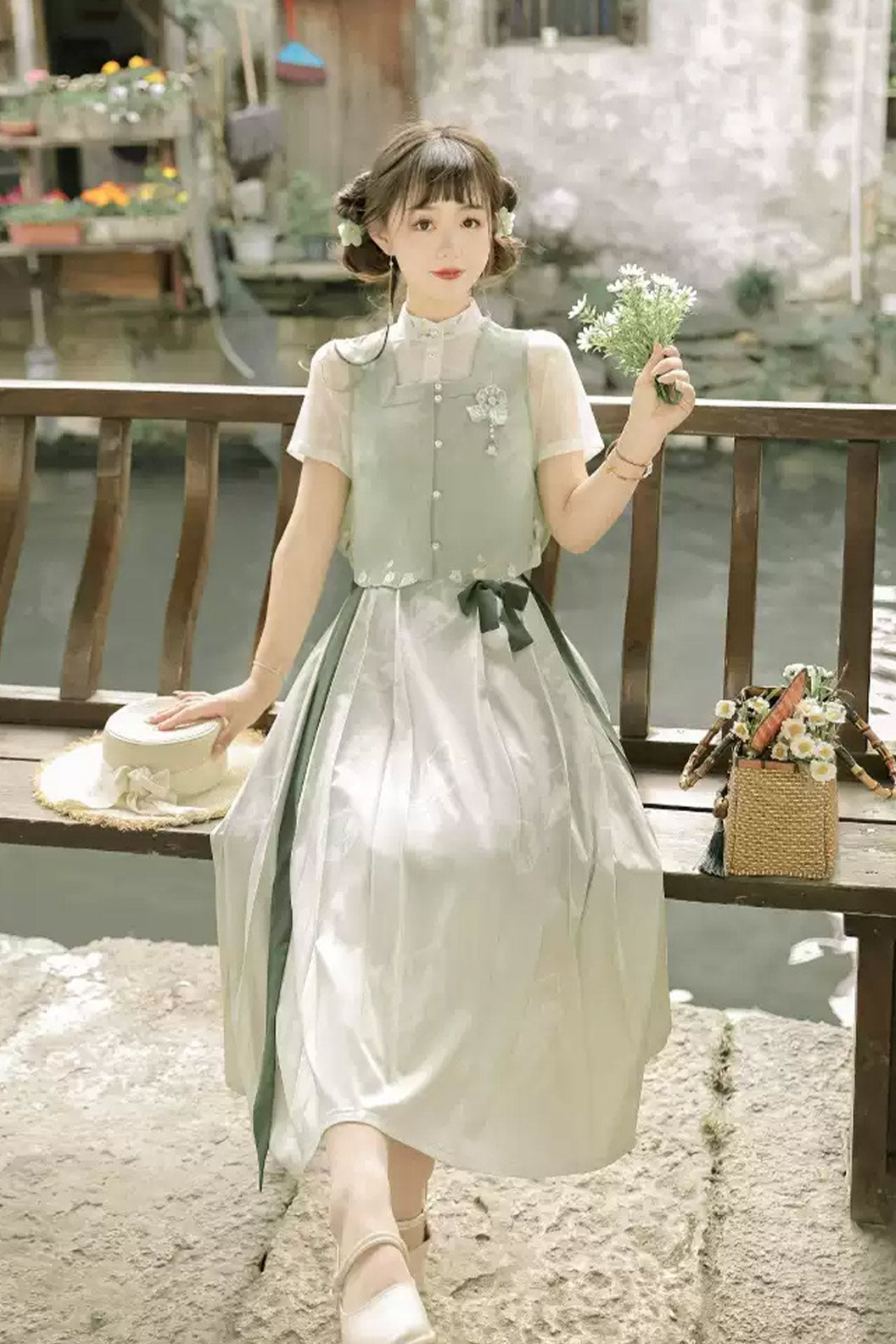 Modern Hanfu clothing Ma Mian Skirt Set New Chinese Style Green Hanfu dress - xiarilaixin 夏日来信