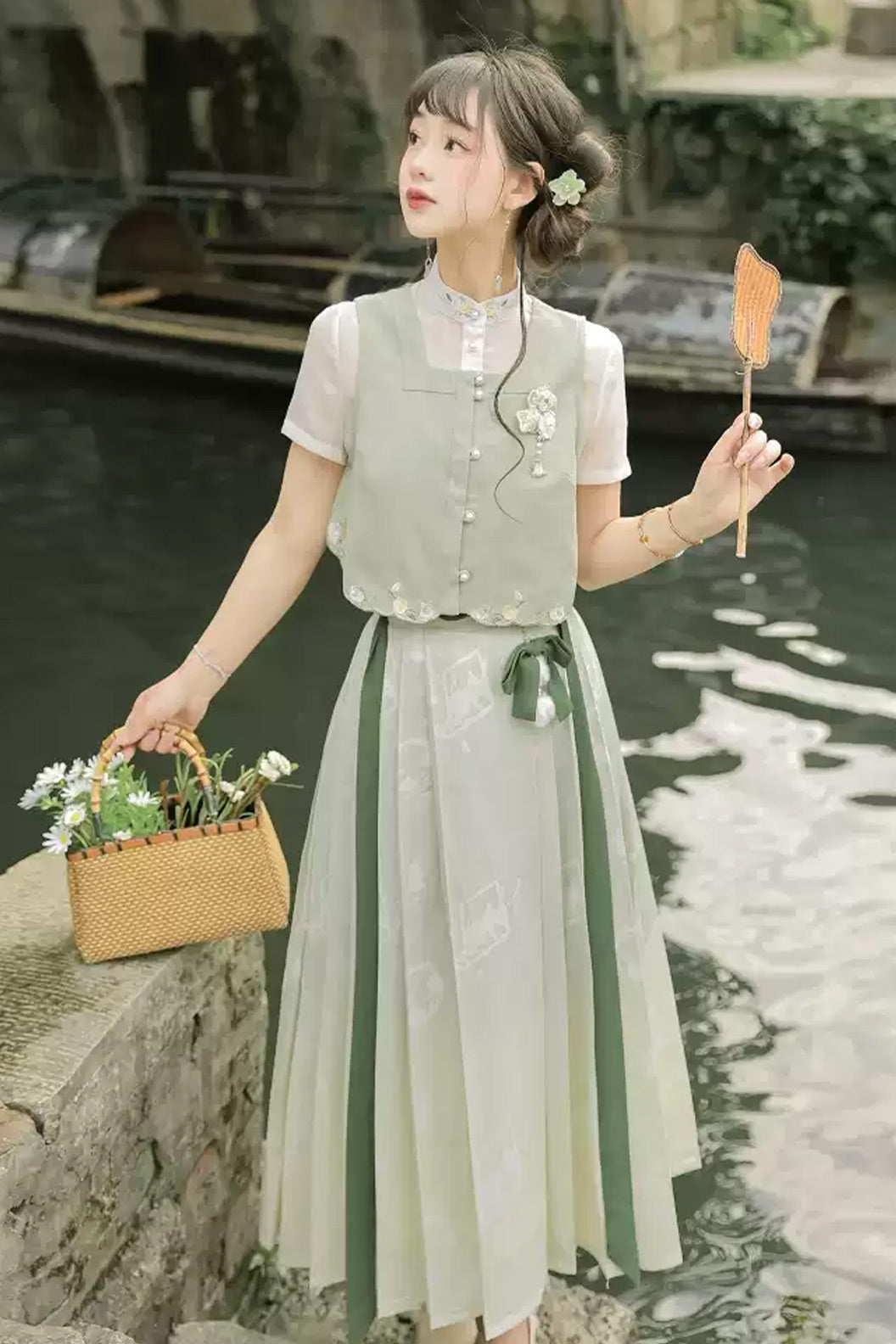Modern Hanfu clothing Ma Mian Skirt Set New Chinese Style Green Hanfu dress - xiarilaixin 夏日来信