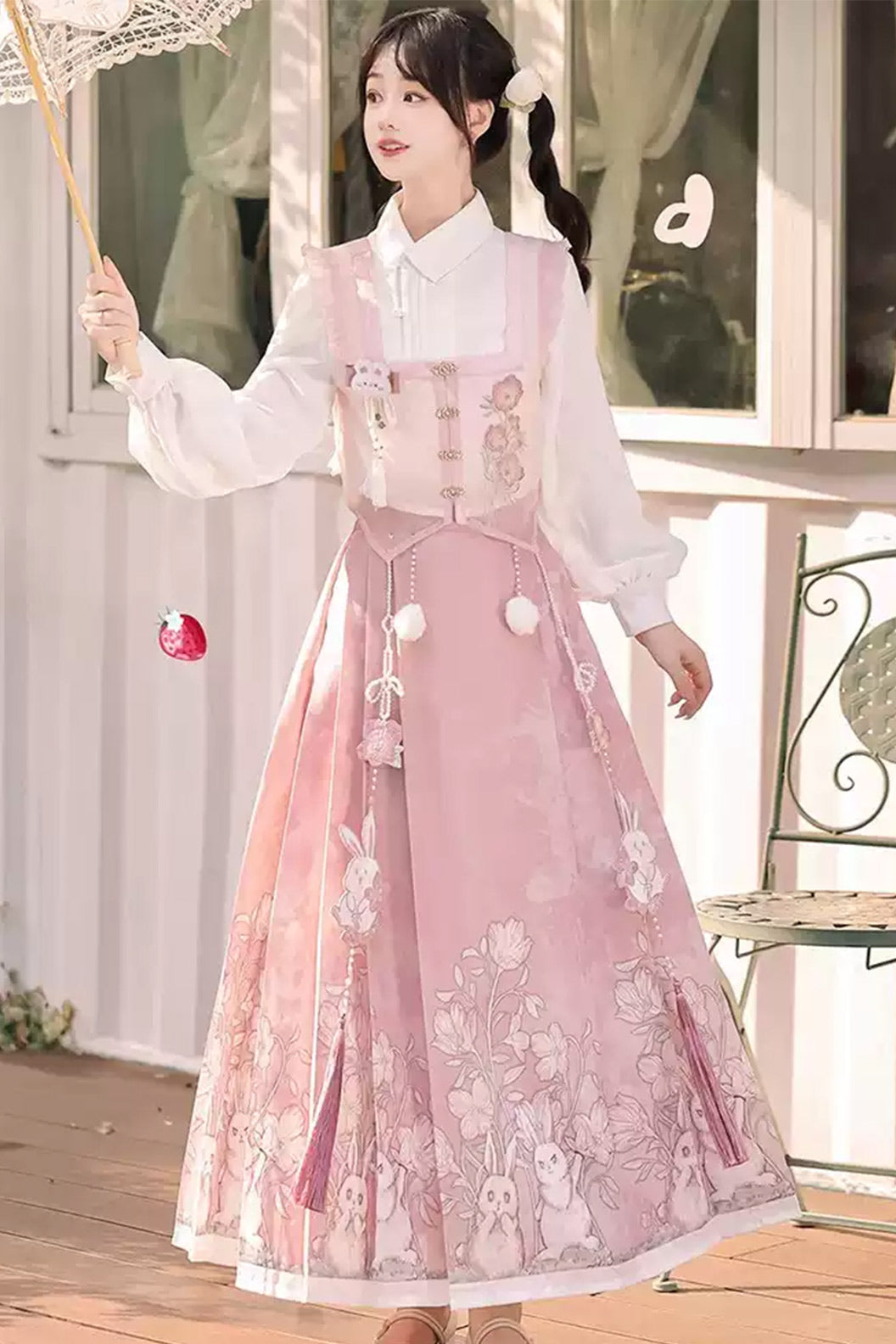 Modern Hanfu clothing New Chinese Style Rabbit Print Ma Mian Skirt Pink Hanfu dress - yuejiantutu 月见兔兔