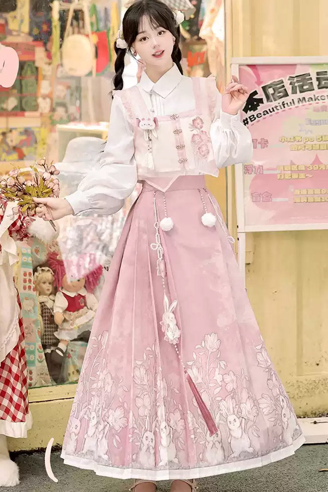 Modern Hanfu clothing New Chinese Style Rabbit Print Ma Mian Skirt Pink Hanfu dress - yuejiantutu 月见兔兔