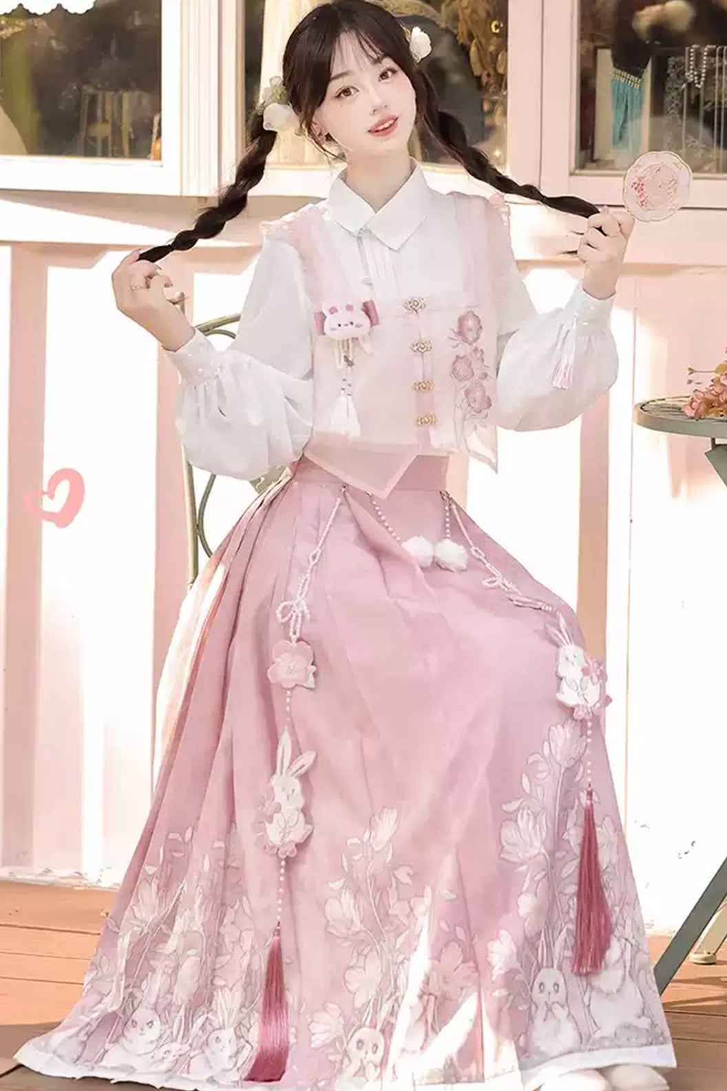 Modern Hanfu clothing New Chinese Style Rabbit Print Ma Mian Skirt Pink Hanfu dress - yuejiantutu 月见兔兔