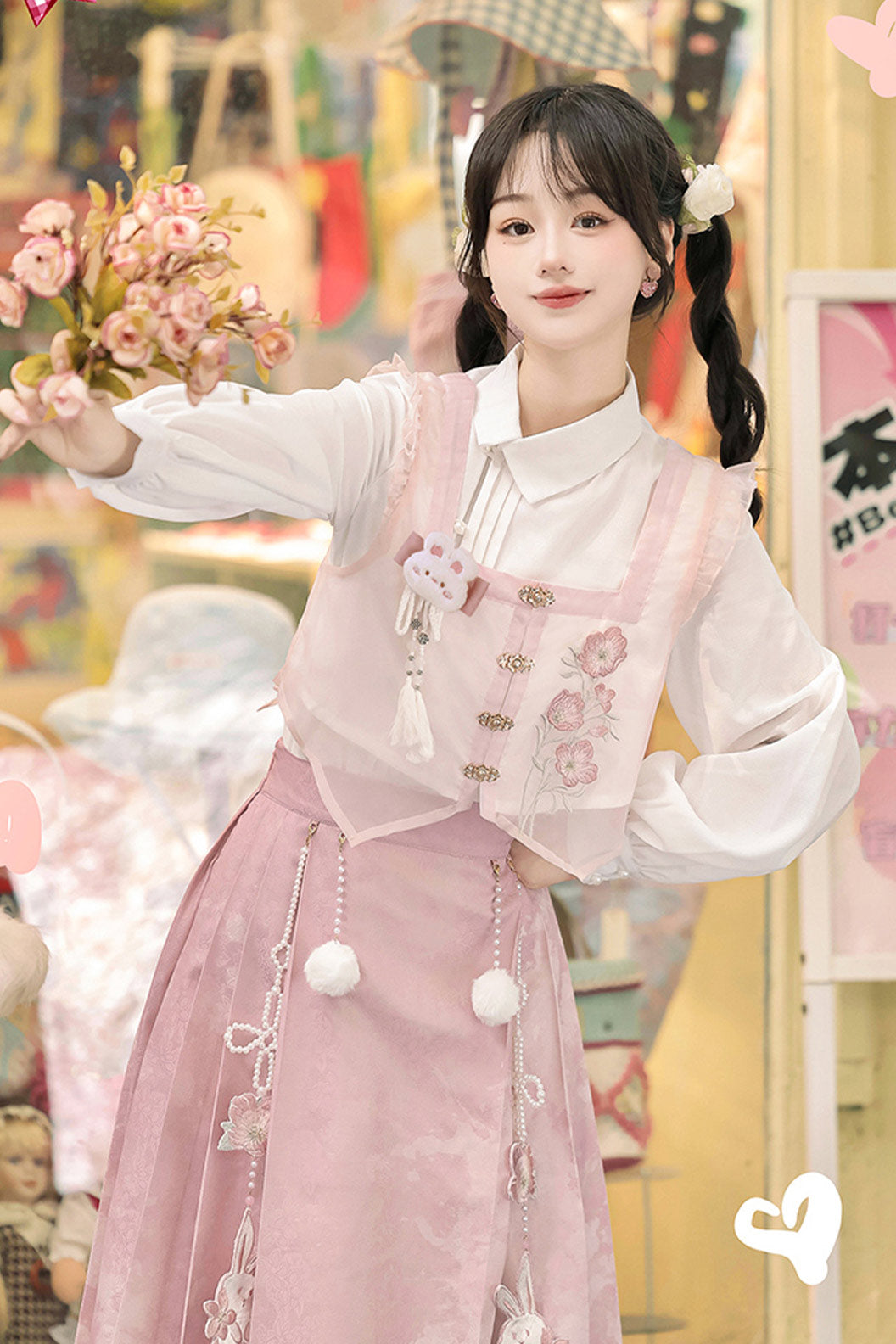 Modern Hanfu clothing New Chinese Style Rabbit Print Ma Mian Skirt Pink Hanfu dress - yuejiantutu 月见兔兔