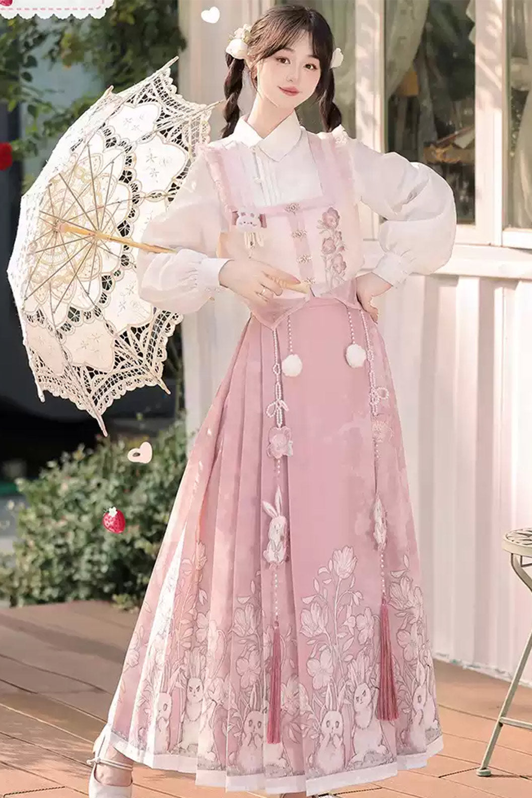 Modern Hanfu clothing New Chinese Style Rabbit Print Ma Mian Skirt Pink Hanfu dress - yuejiantutu 月见兔兔