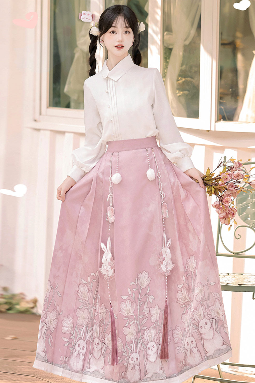 Modern Hanfu clothing New Chinese Style Rabbit Print Ma Mian Skirt Pink Hanfu dress - yuejiantutu 月见兔兔
