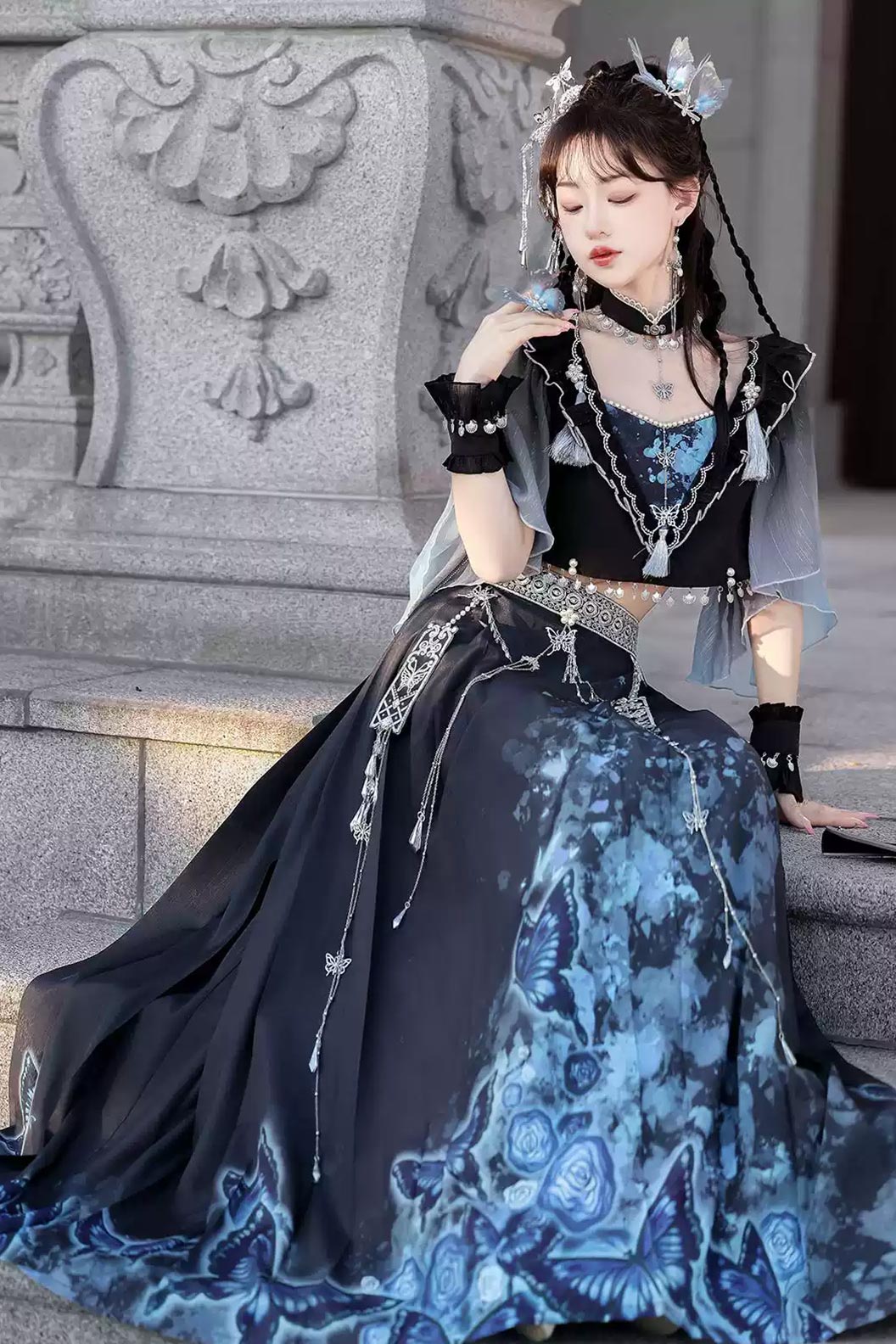 Modern Hanfu clothing Butterfly Ma Mian Skirt Fairy Style Blue Hanfu dress - yingdie 影蝶