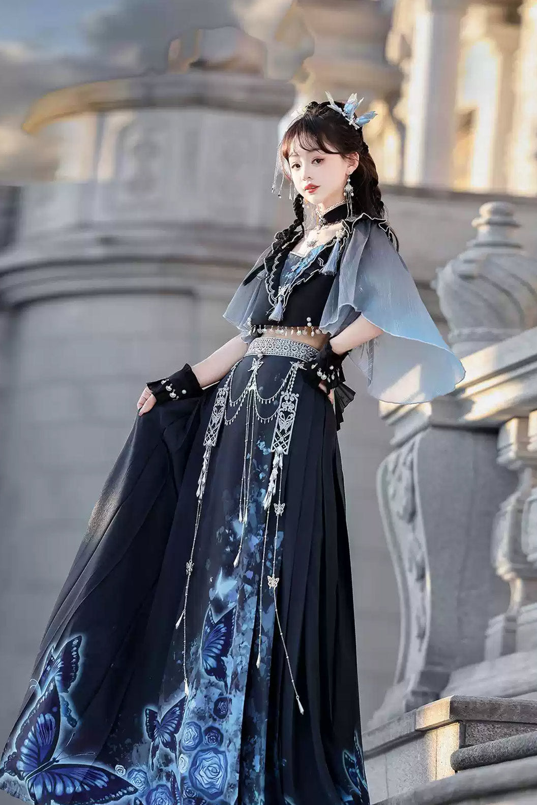 Modern Hanfu clothing Butterfly Ma Mian Skirt Fairy Style Blue Hanfu dress - yingdie 影蝶