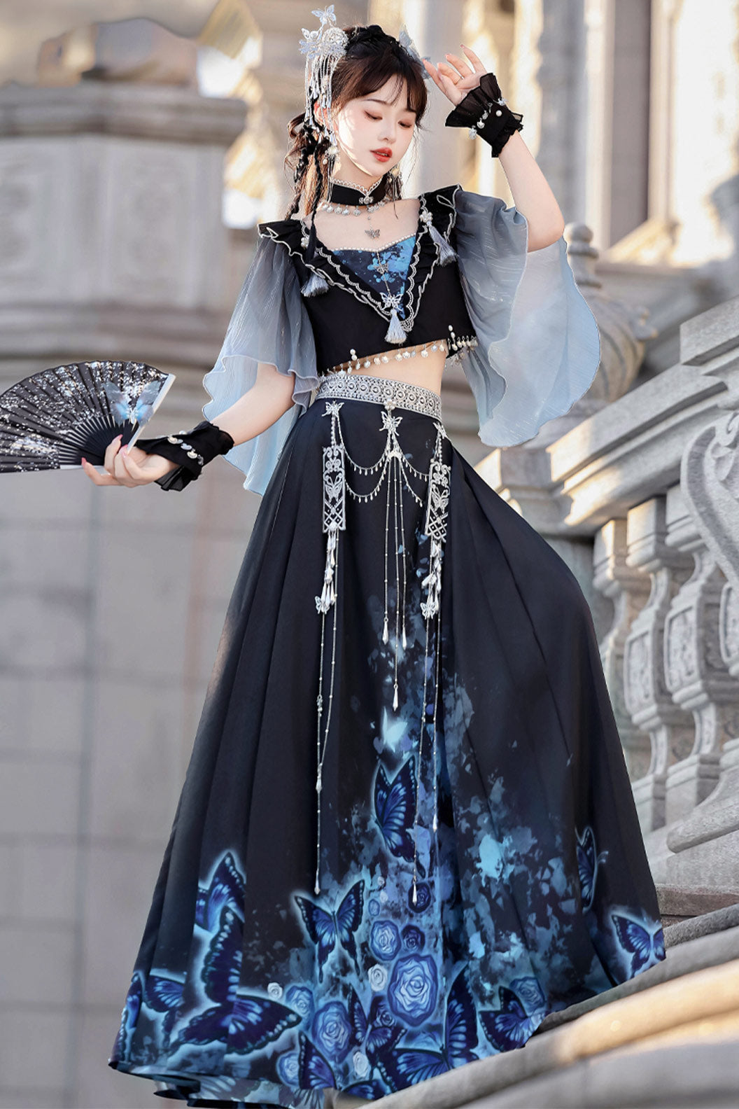 Modern Hanfu clothing Butterfly Ma Mian Skirt Fairy Style Blue Hanfu dress - yingdie 影蝶