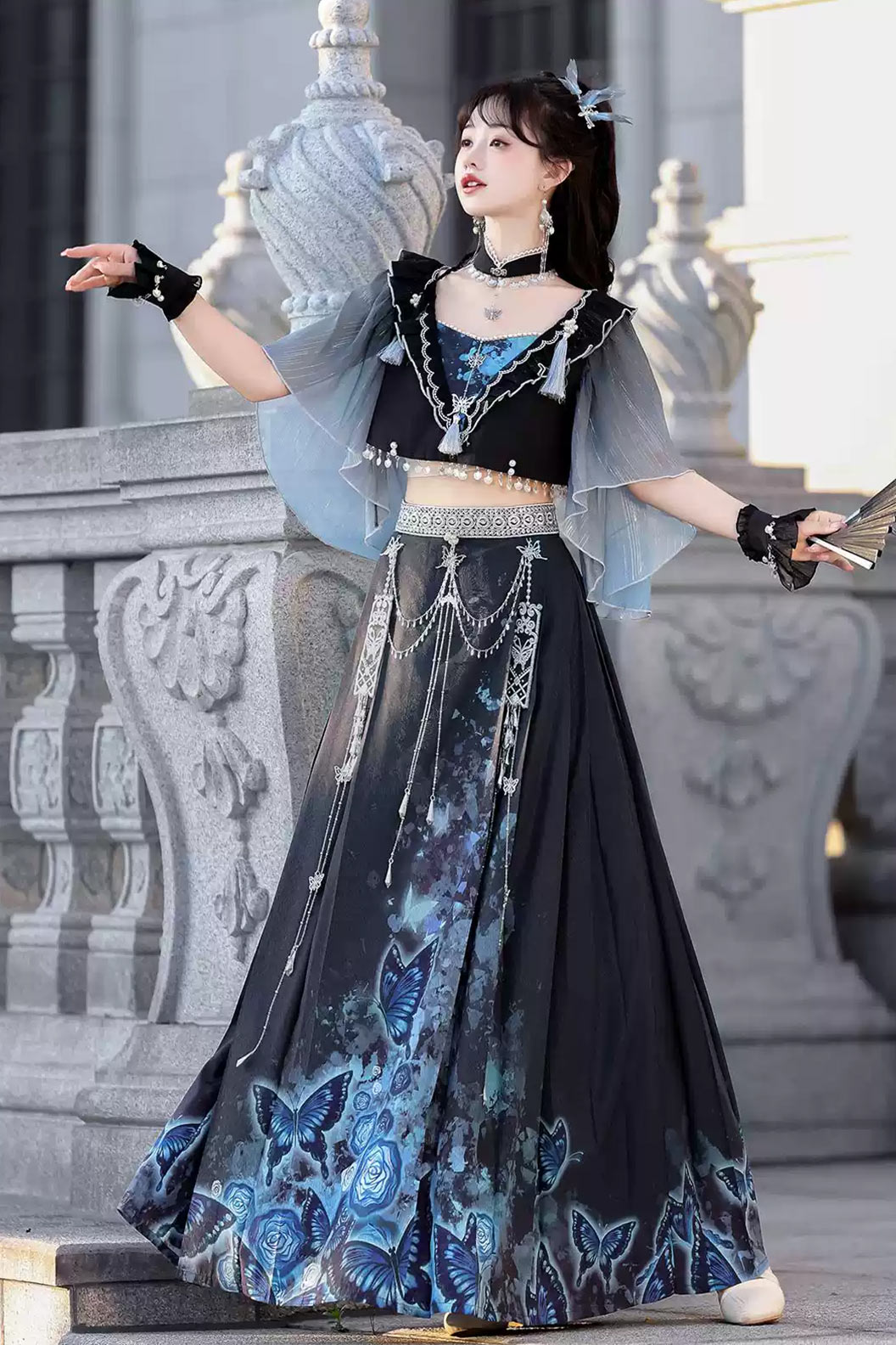 Modern Hanfu clothing Butterfly Ma Mian Skirt Fairy Style Blue Hanfu dress - yingdie 影蝶