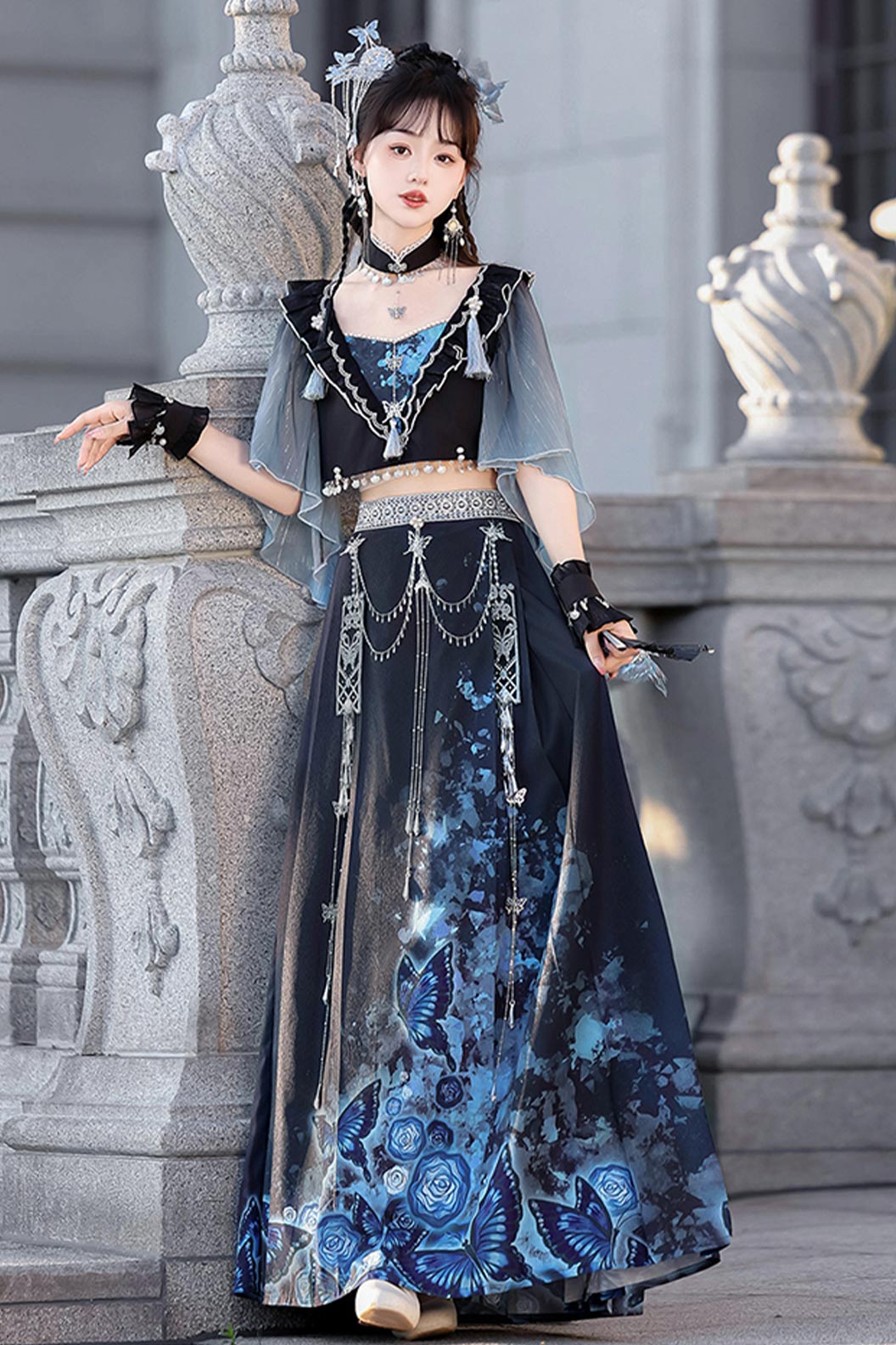 Modern Hanfu clothing Butterfly Ma Mian Skirt Fairy Style Blue Hanfu dress - yingdie 影蝶