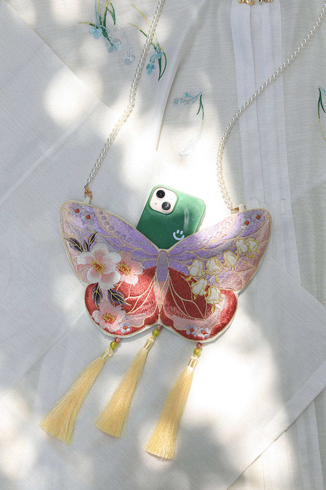 Crossbody Bag Green Butterfly Fringes Double-Sided Contrast Color