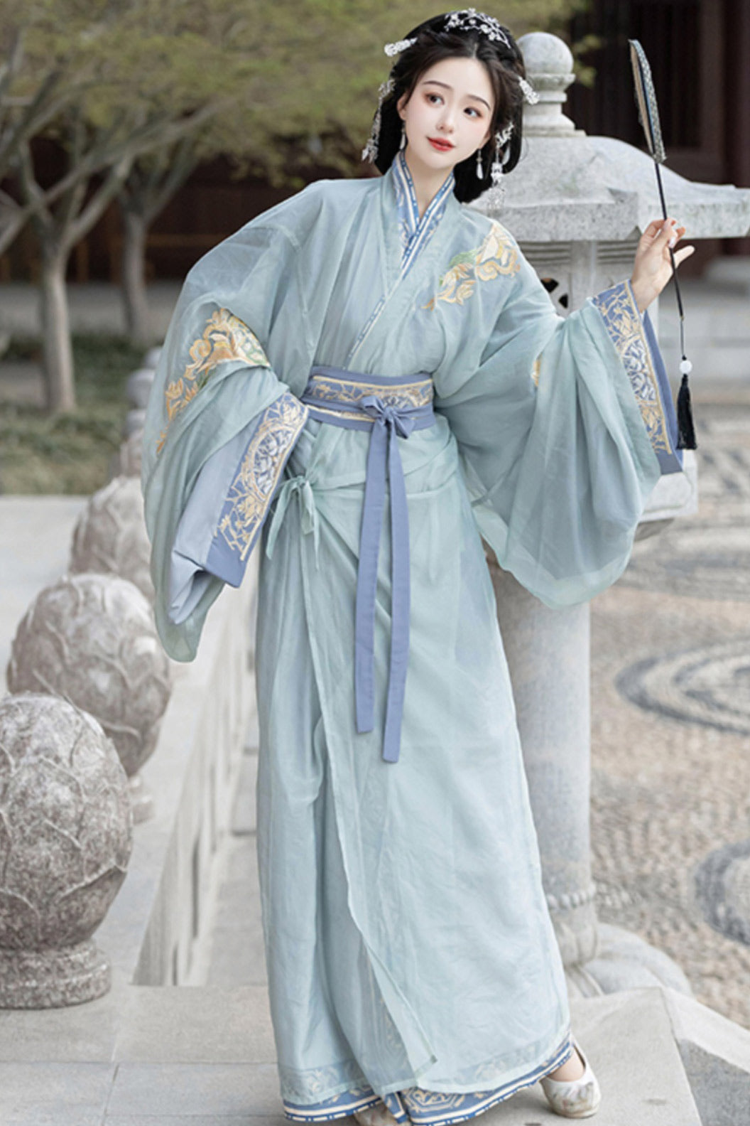 Han Dynasty Clothing Dragging Train Straight Hem Blue Hanfu Dress - linzhao 灵沼