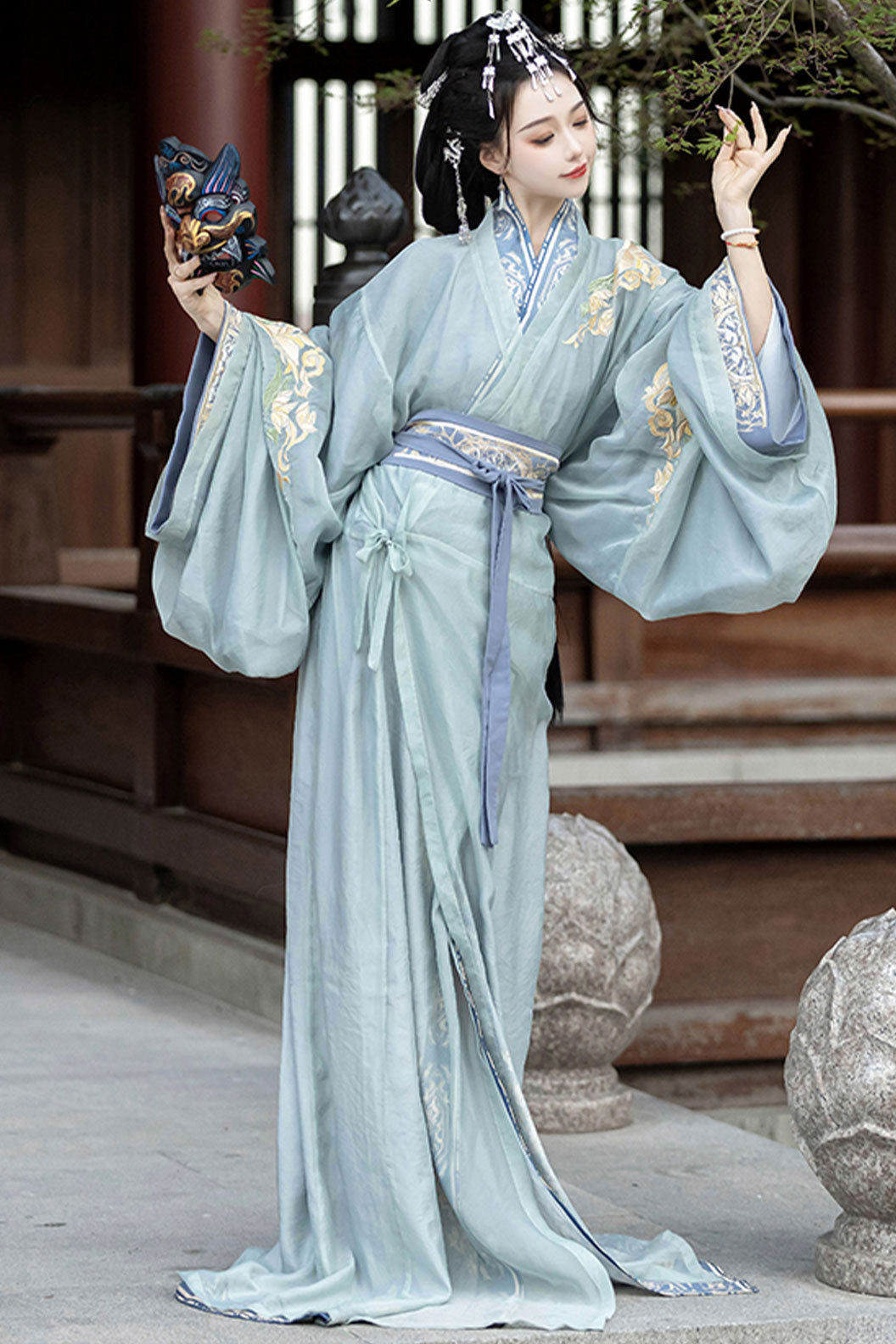 Han Dynasty Clothing Dragging Train Straight Hem Blue Hanfu Dress - linzhao 灵沼