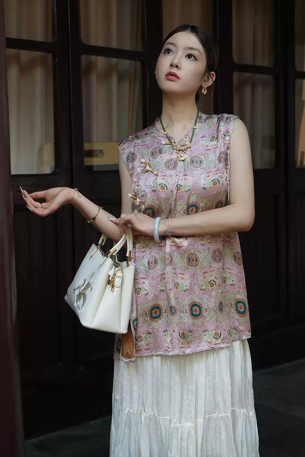 Modern Hanfu Silk Xiangyunsha New Chinese Style Sleeveless Blouse Mulberry Silk Hanfu Dress - qinghe 青荷
