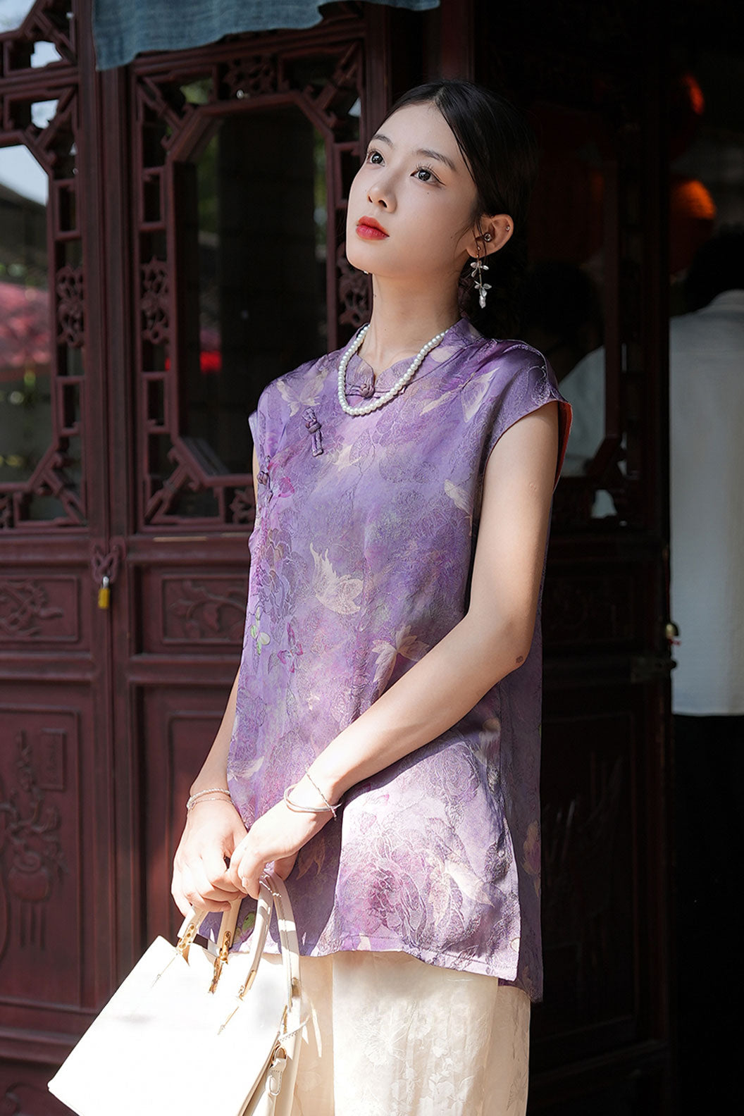 Modern Hanfu Xiangyunsha New Chinese Style Sleeveless Blouse  High End Hanfu Dress - ziluolan 紫罗兰