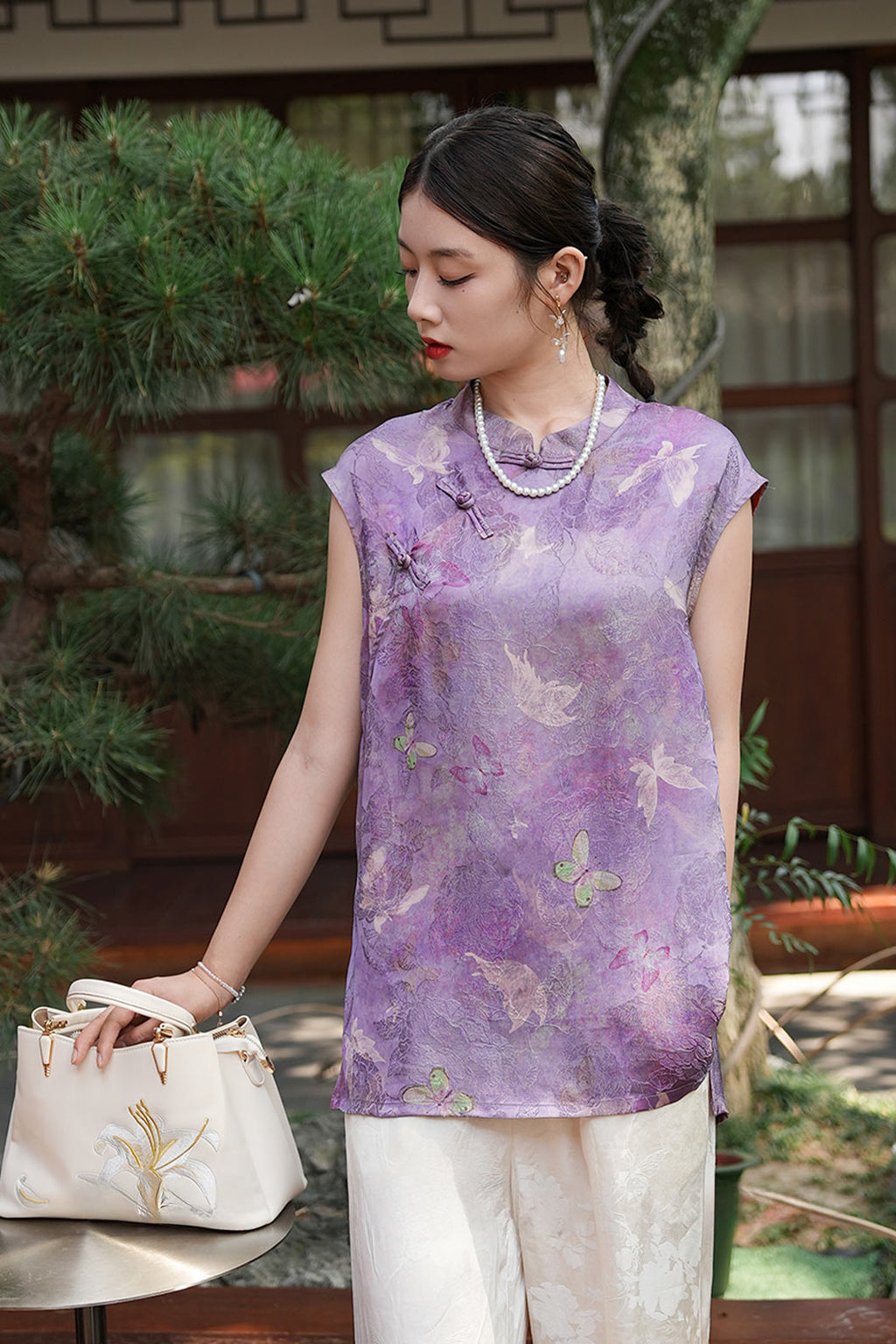 Modern Hanfu Xiangyunsha New Chinese Style Sleeveless Blouse  High End Hanfu Dress - ziluolan 紫罗兰