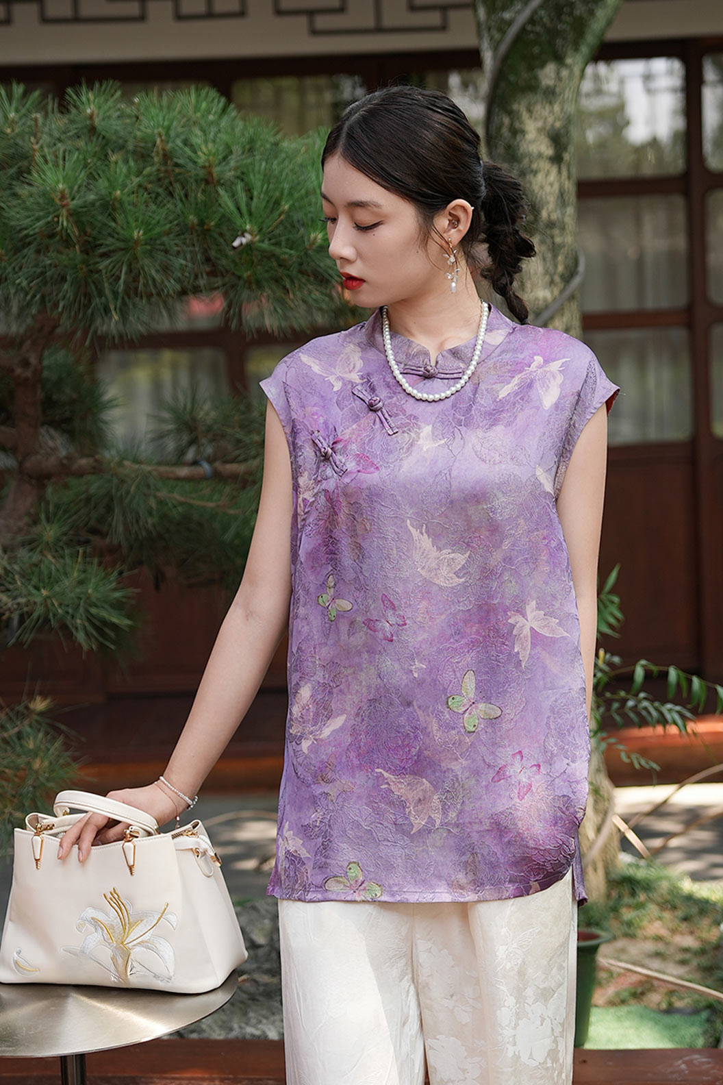 Modern Hanfu Xiangyunsha New Chinese Style Sleeveless Blouse  High End Hanfu Dress - ziluolan 紫罗兰