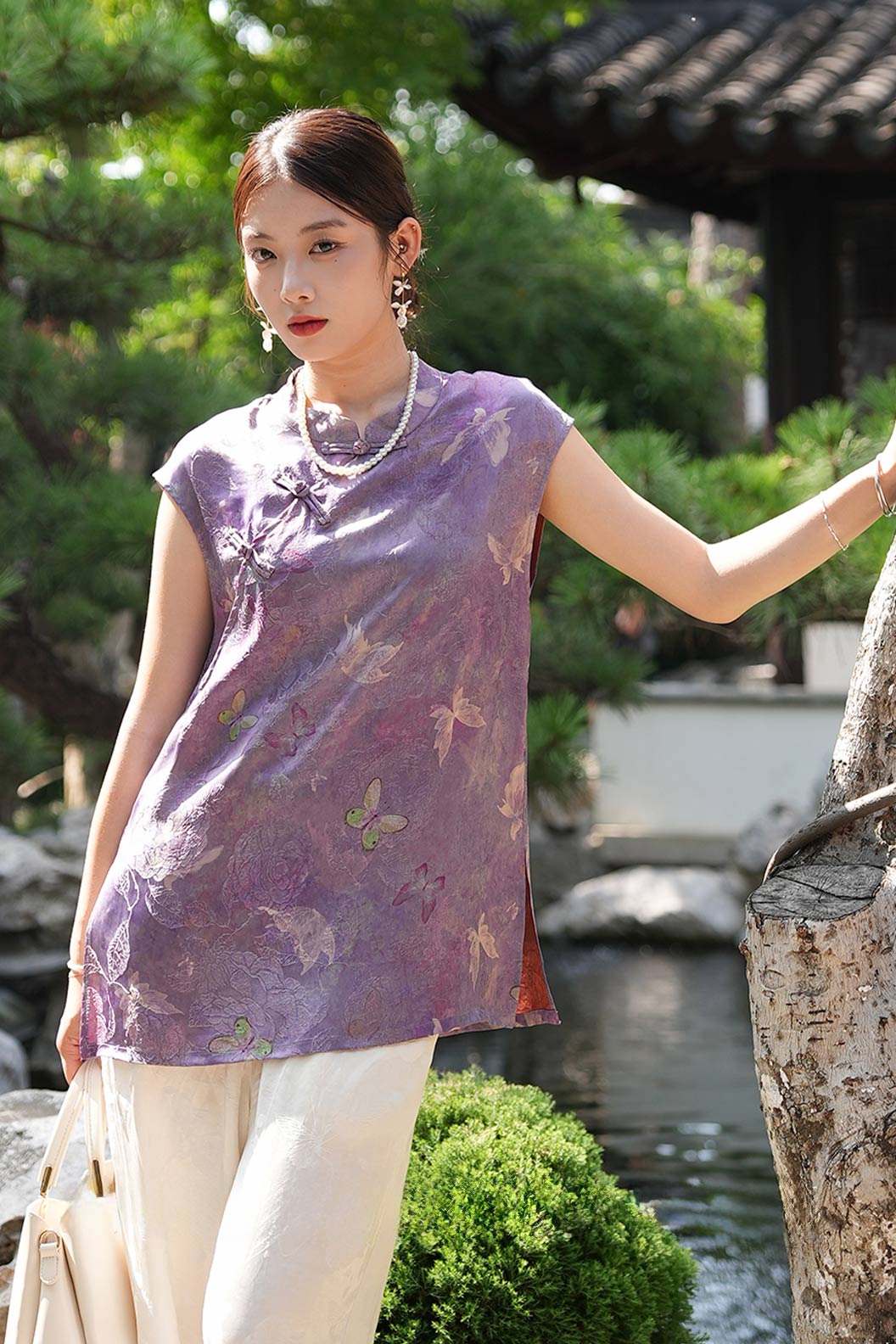 Modern Hanfu Xiangyunsha New Chinese Style Sleeveless Blouse  High End Hanfu Dress - ziluolan 紫罗兰