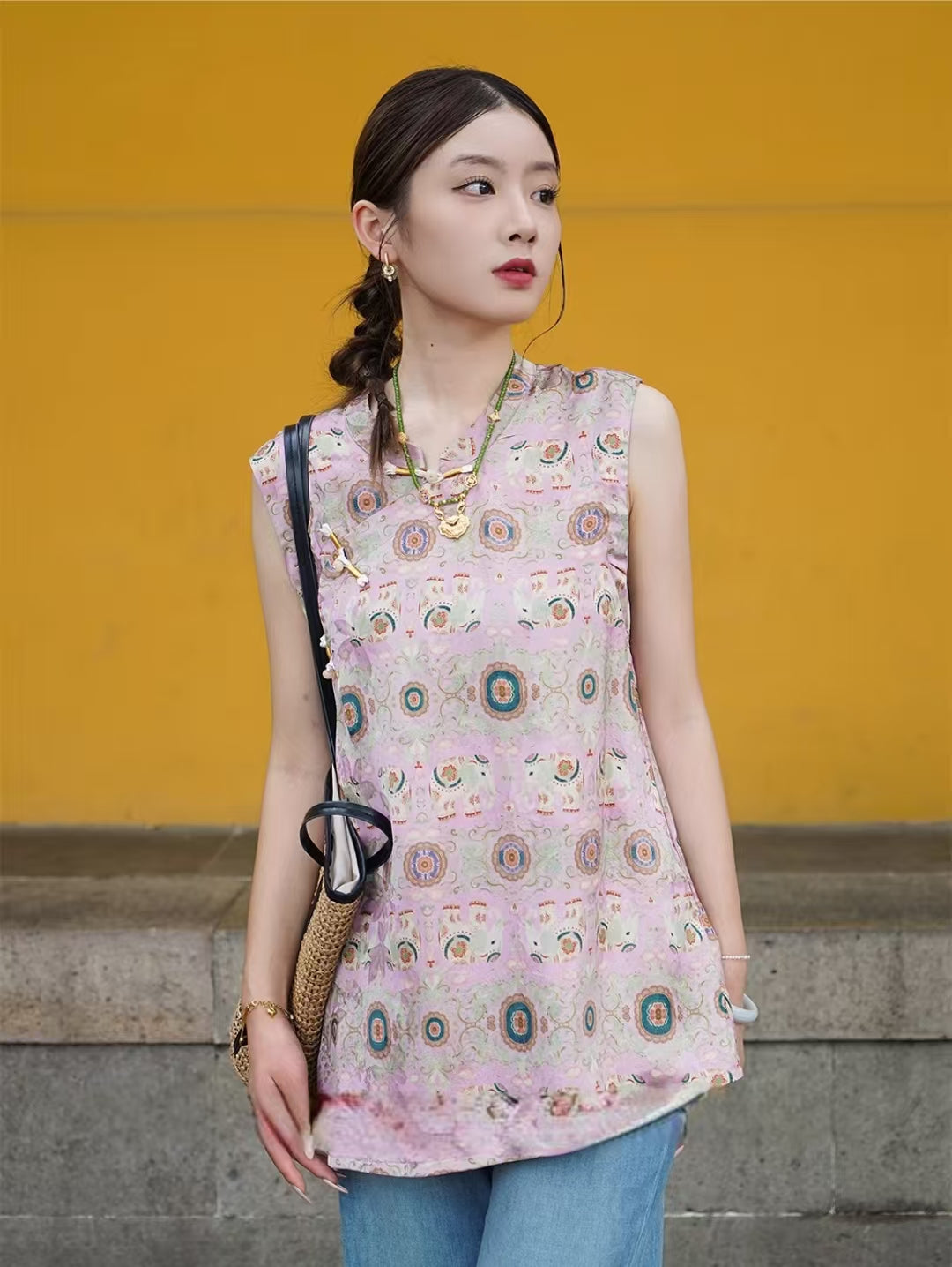 Modern Hanfu Silk Xiangyunsha New Chinese Style Sleeveless Blouse Mulberry Silk Hanfu Dress - qinghe 青荷