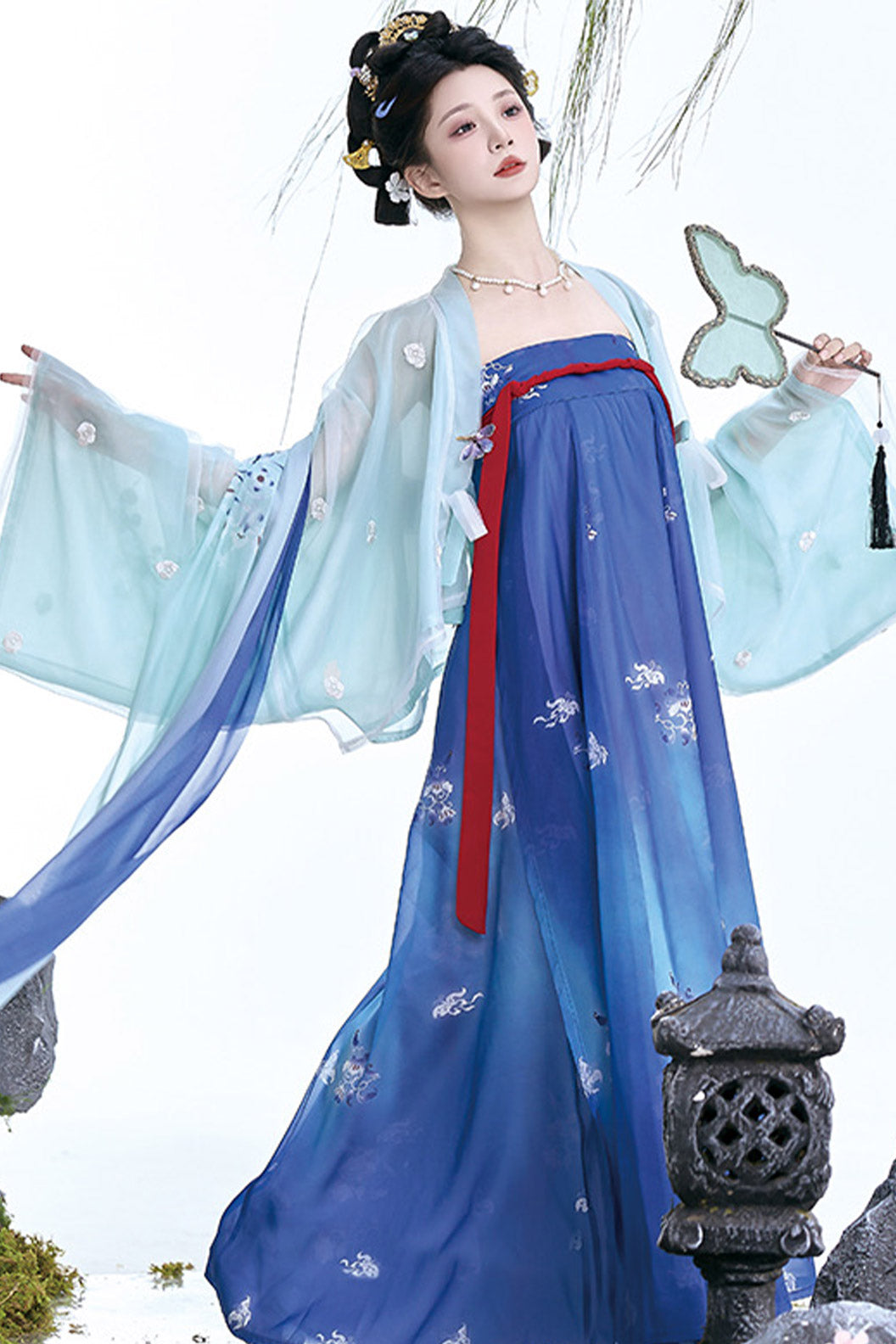 Tang Dynasty Blue Hanfu Dress with Embroidered Cloak and Qixiong Ruqun  - xiahefeng 夏禾风