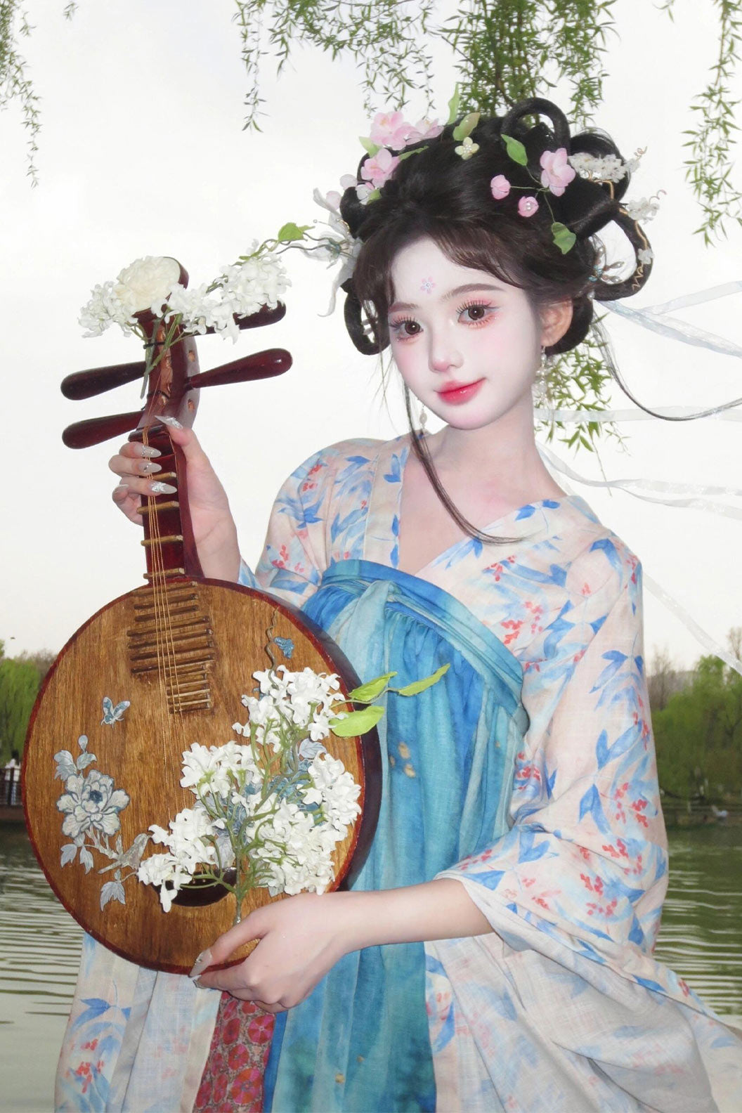Tang Dynasty Blue Hanfu Dress with Qixiong Wide Sleeve Ru and Floral Ruqun - yaoying 瑶影