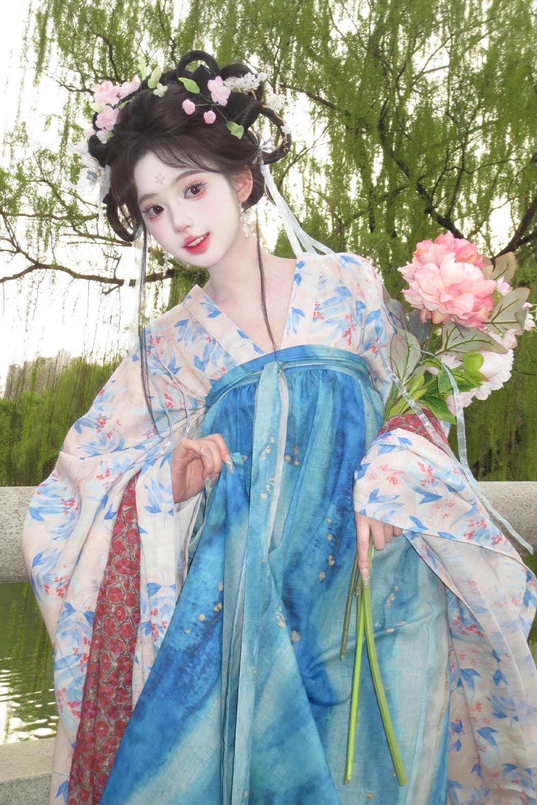 Tang Dynasty Blue Hanfu Dress with Qixiong Wide Sleeve Ru and Floral Ruqun - yaoying 瑶影