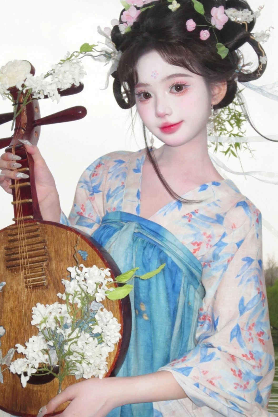 Tang Dynasty Blue Hanfu Dress with Qixiong Wide Sleeve Ru and Floral Ruqun - yaoying 瑶影