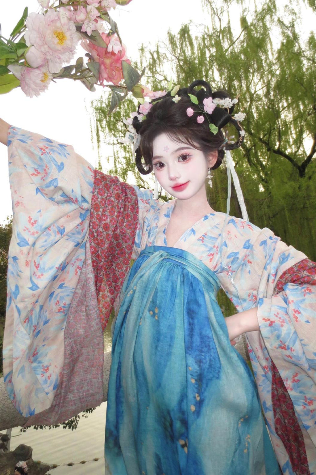 Tang Dynasty Blue Hanfu Dress with Qixiong Wide Sleeve Ru and Floral Ruqun - yaoying 瑶影