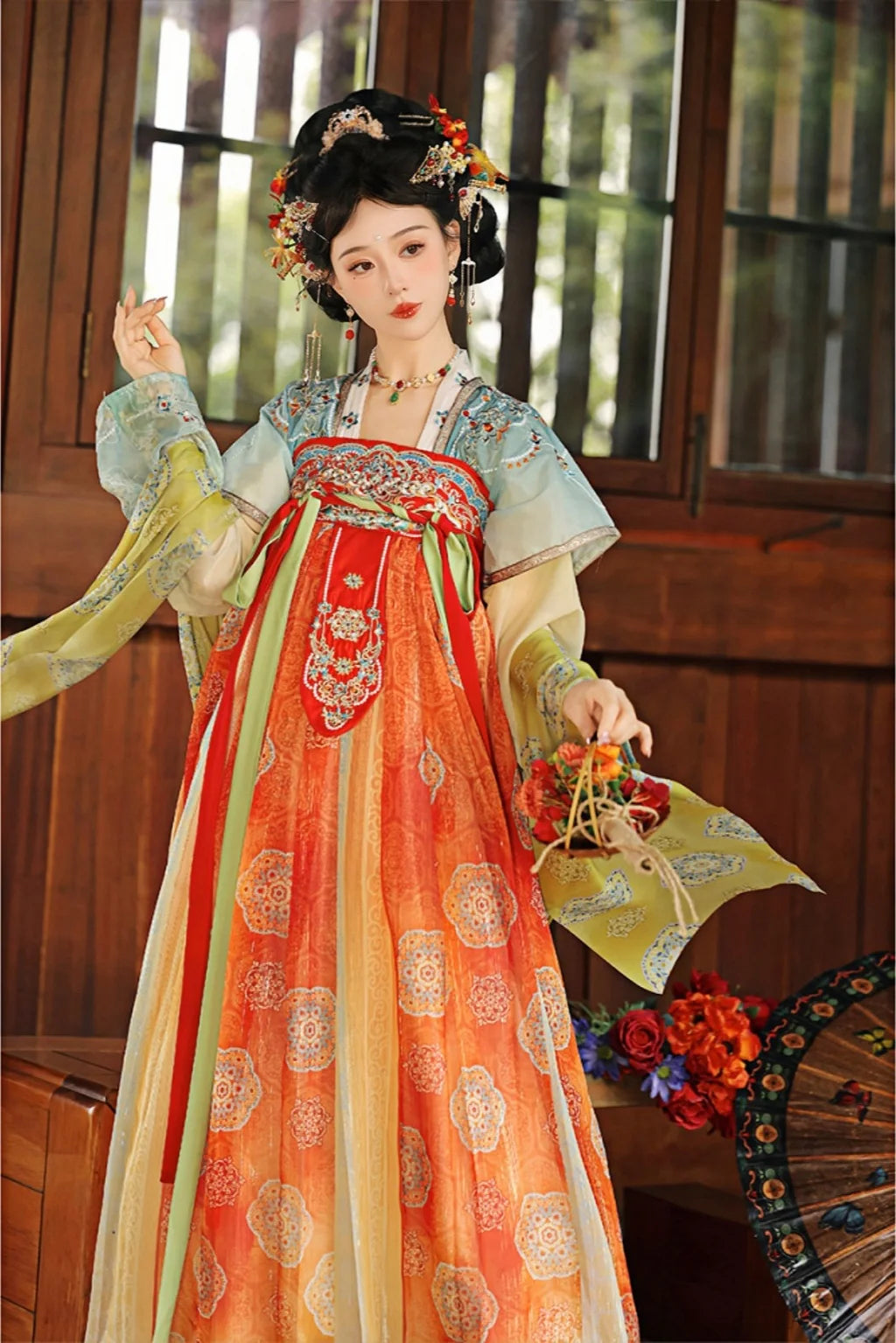 Tang Dynasty Blue Orange Hanfu Dress One Piece Embroidered Qixiong Pleated Skirt Changle Song - jinlv 金缕