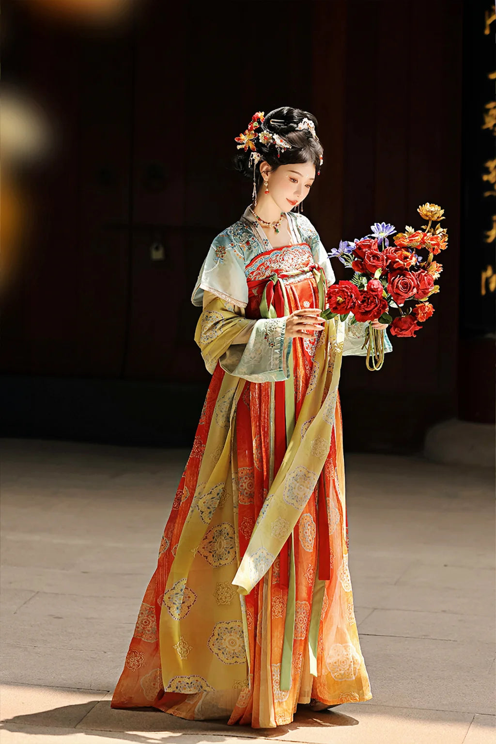 Tang Dynasty Blue Orange Hanfu Dress One Piece Embroidered Qixiong Pleated Skirt Changle Song - jinlv 金缕