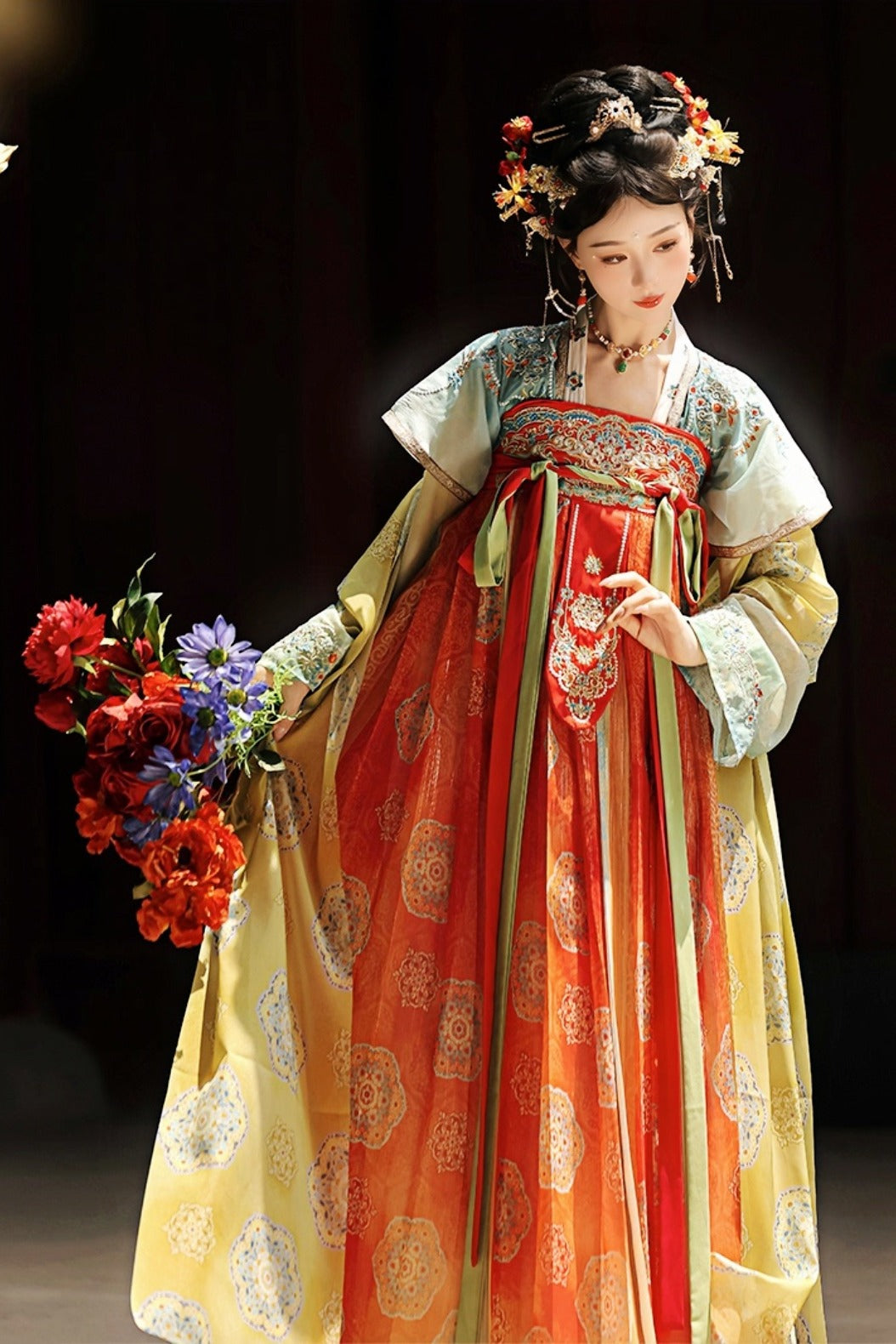 Tang Dynasty Blue Orange Hanfu Dress One Piece Embroidered Qixiong Pleated Skirt Changle Song - jinlv 金缕