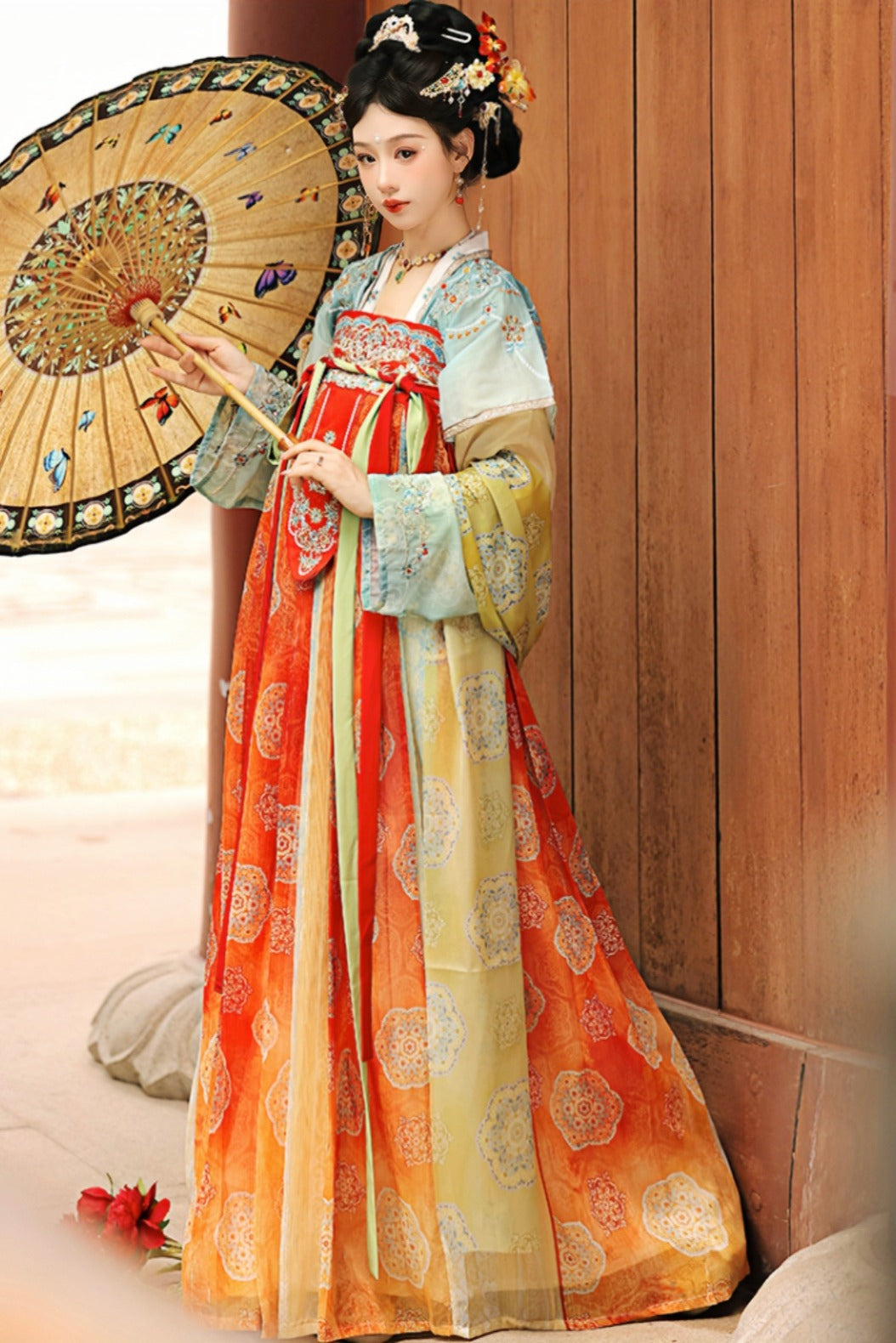 Tang Dynasty Blue Orange Hanfu Dress One Piece Embroidered Qixiong Pleated Skirt Changle Song - jinlv 金缕