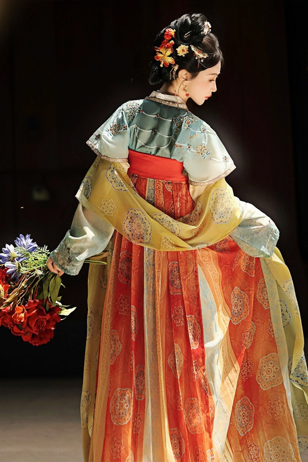 Tang Dynasty Blue Orange Hanfu Dress One Piece Embroidered Qixiong Pleated Skirt Changle Song - jinlv 金缕