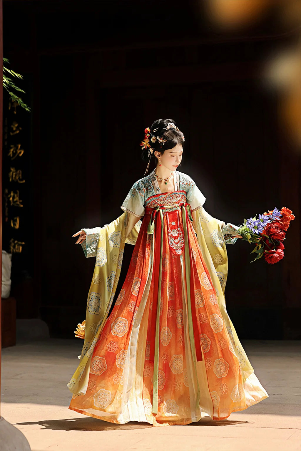 Tang Dynasty Blue Orange Hanfu Dress One Piece Embroidered Qixiong Pleated Skirt Changle Song - jinlv 金缕
