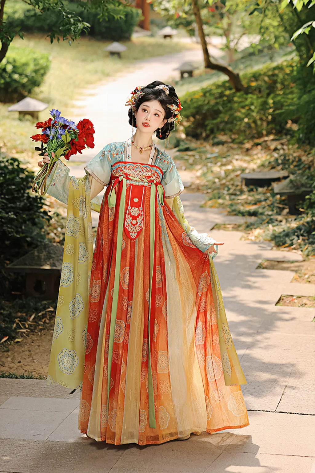 Tang Dynasty Blue Orange Hanfu Dress One Piece Embroidered Qixiong Pleated Skirt Changle Song - jinlv 金缕