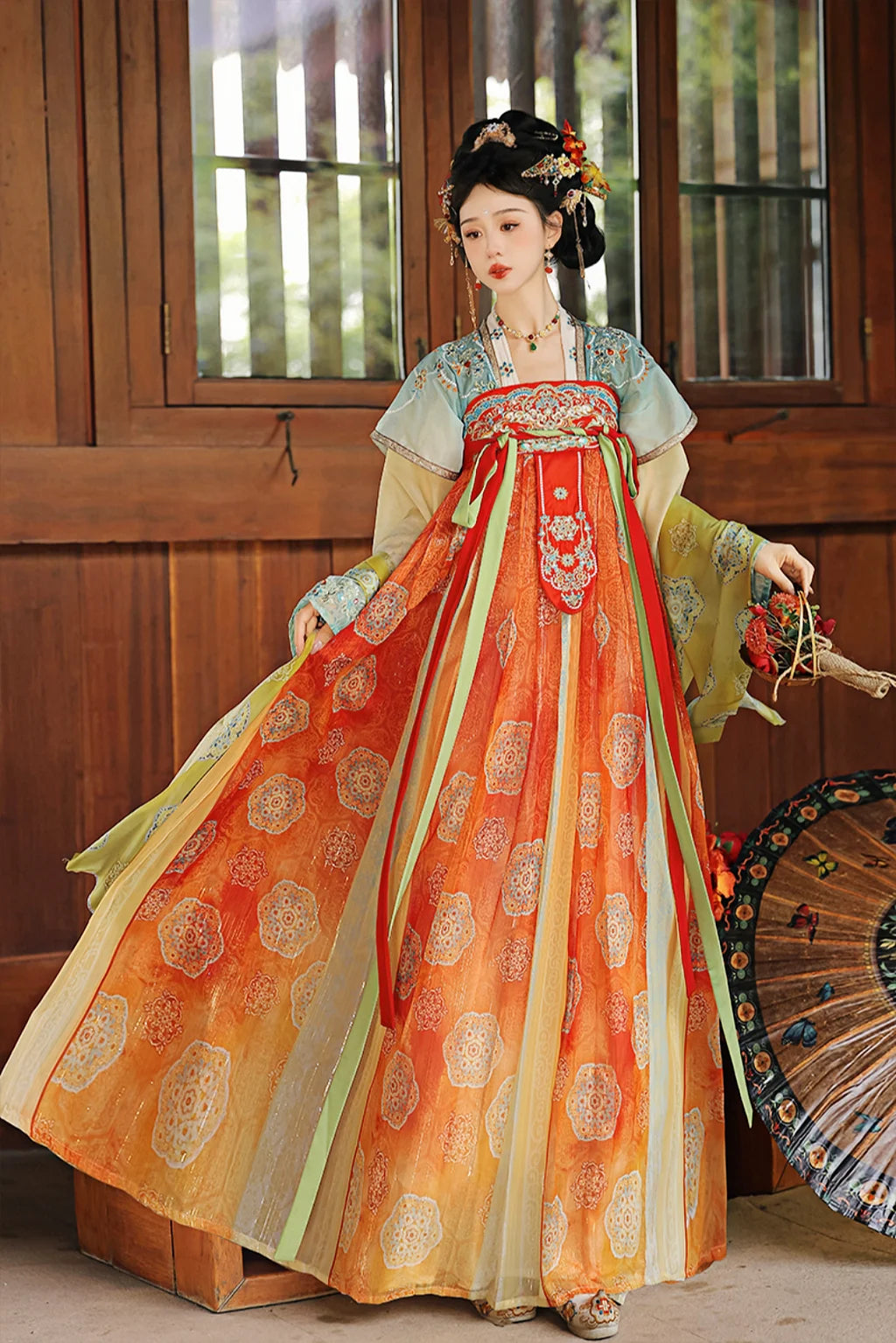 Tang Dynasty Blue Orange Hanfu Dress One Piece Embroidered Qixiong Pleated Skirt Changle Song - jinlv 金缕