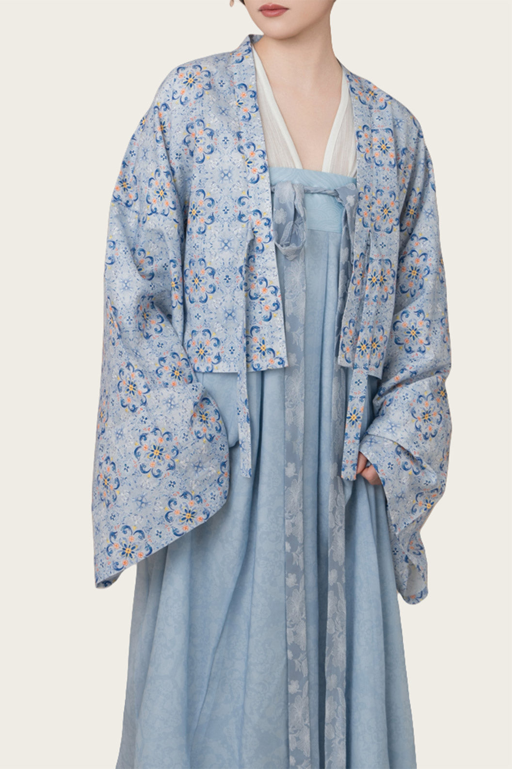 Tang dynasty clothing Chest High Twelve Panel Broken Skirt Outer Robe Blue Hanfu Dress - popona 婆婆纳
