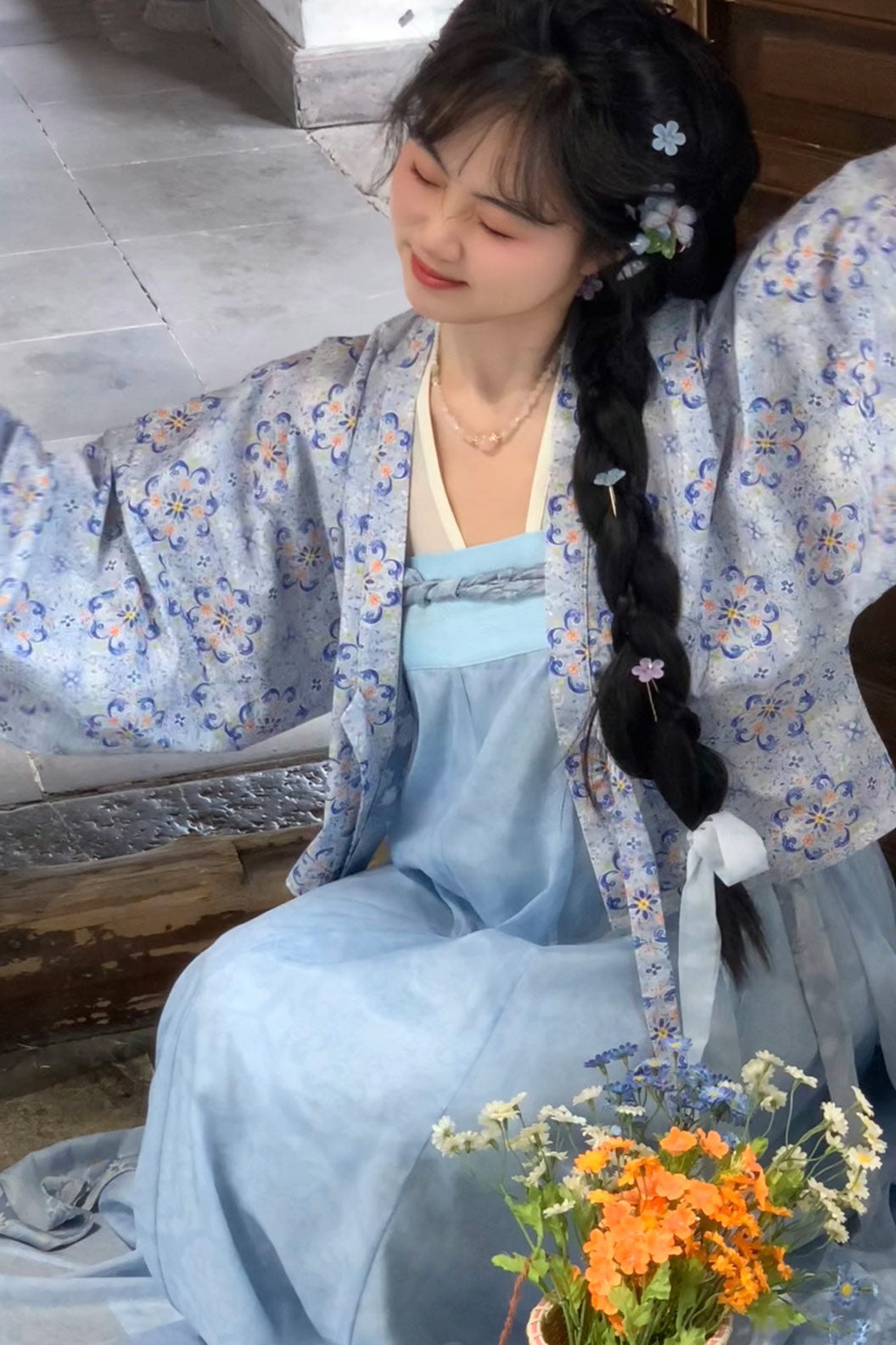 Tang dynasty clothing Chest High Twelve Panel Broken Skirt Outer Robe Blue Hanfu Dress - popona 婆婆纳
