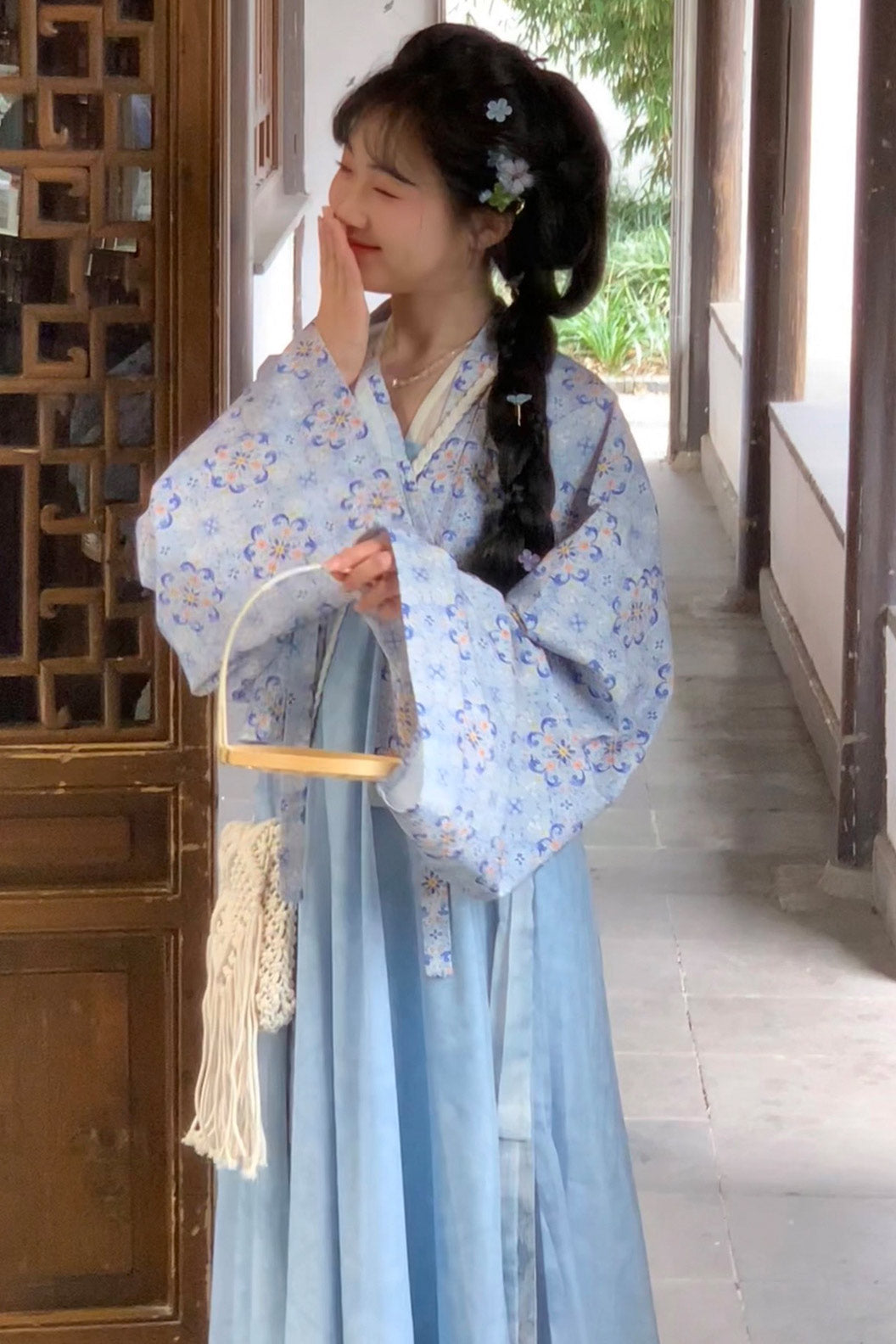 Tang dynasty clothing Chest High Twelve Panel Broken Skirt Outer Robe Blue Hanfu Dress - popona 婆婆纳