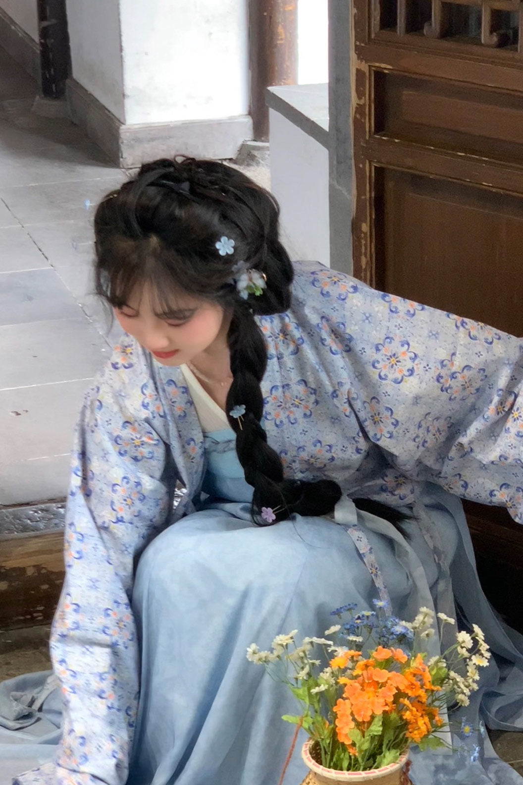 Tang dynasty clothing Chest High Twelve Panel Broken Skirt Outer Robe Blue Hanfu Dress - popona 婆婆纳