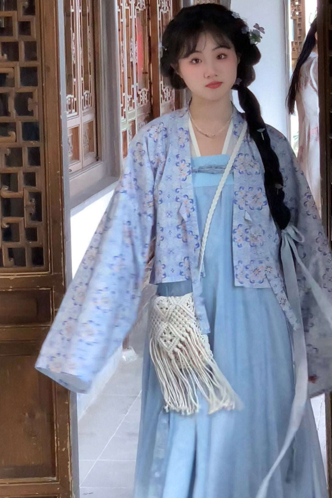 Tang dynasty clothing Chest High Twelve Panel Broken Skirt Outer Robe Blue Hanfu Dress - popona 婆婆纳