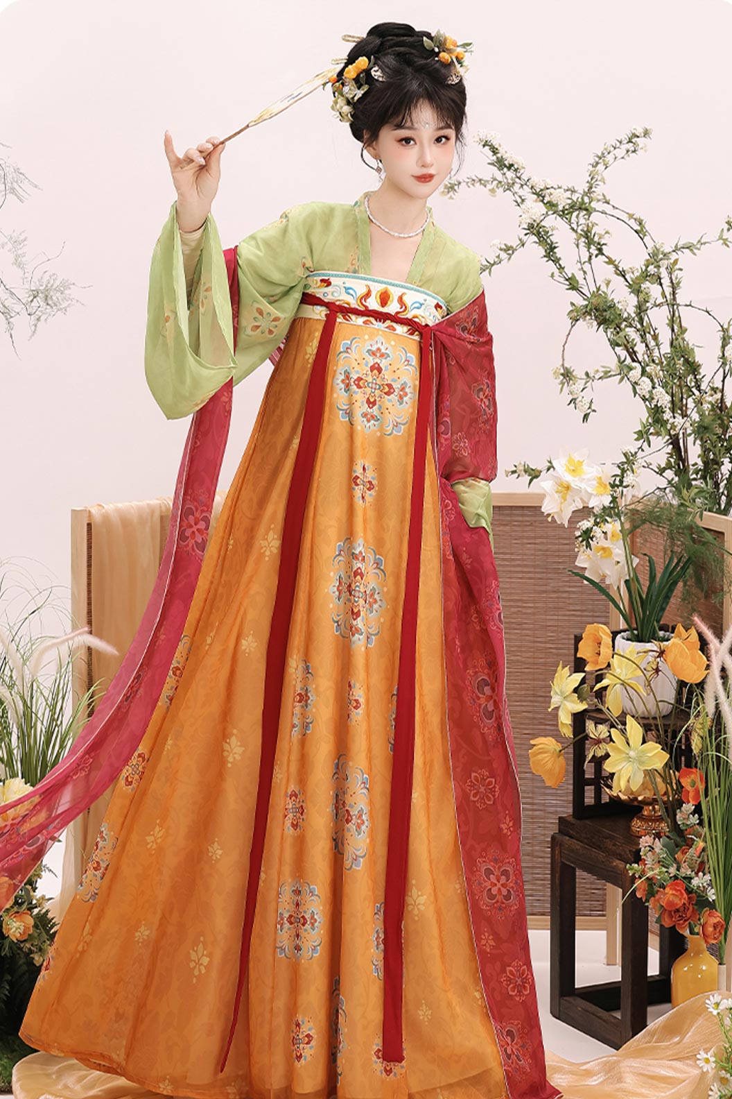 Tang Dynasty Pink Green Hanfu Dress Qixiong Ruqun Embroidered Poqun Dunhuang Style - chunzhixiao 春知晓