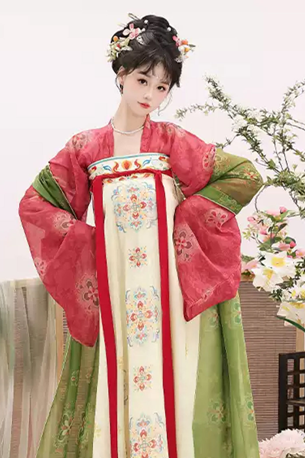 Tang Dynasty Pink Green Hanfu Dress Qixiong Ruqun Embroidered Poqun Dunhuang Style - chunzhixiao 春知晓