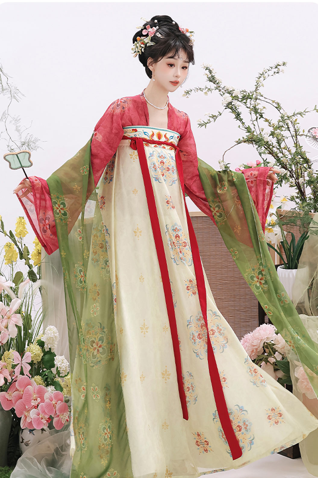 Tang Dynasty Pink Green Hanfu Dress Qixiong Ruqun Embroidered Poqun Dunhuang Style - chunzhixiao 春知晓