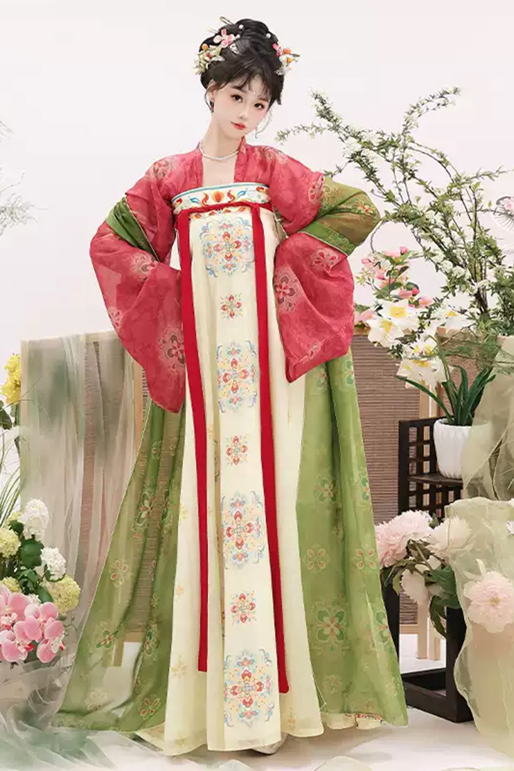Tang Dynasty Pink Green Hanfu Dress Qixiong Ruqun Embroidered Poqun Dunhuang Style - chunzhixiao 春知晓