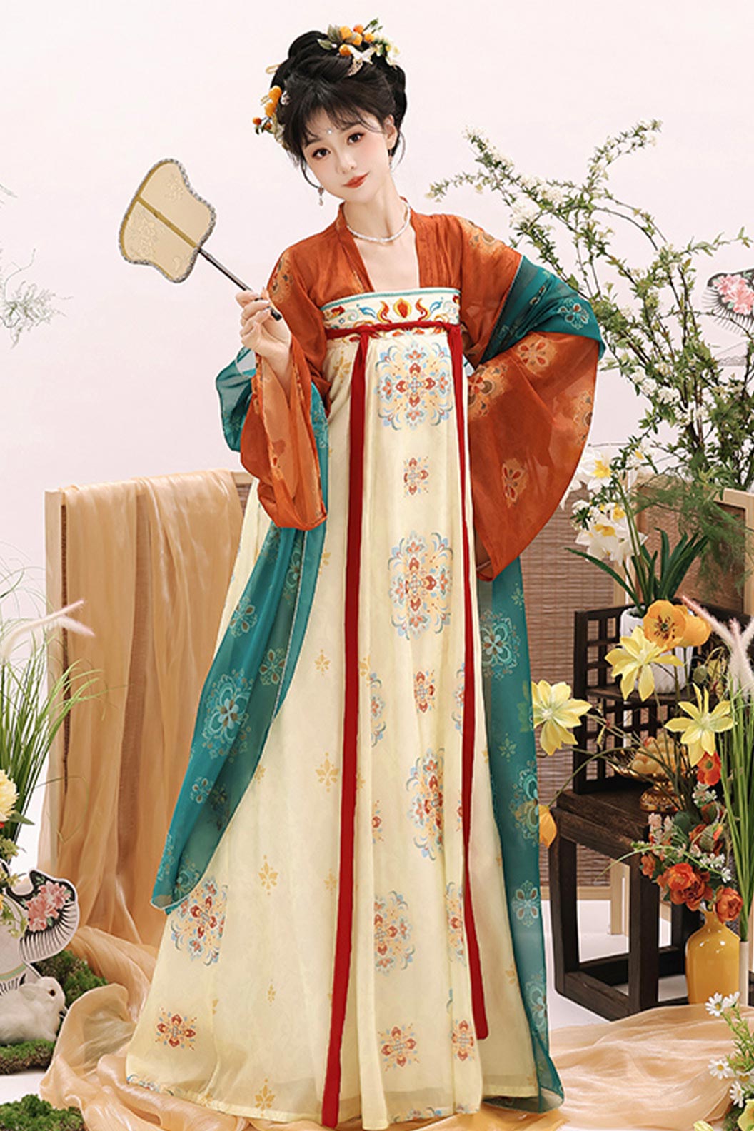 Tang Dynasty Pink Green Hanfu Dress Qixiong Ruqun Embroidered Poqun Dunhuang Style - chunzhixiao 春知晓