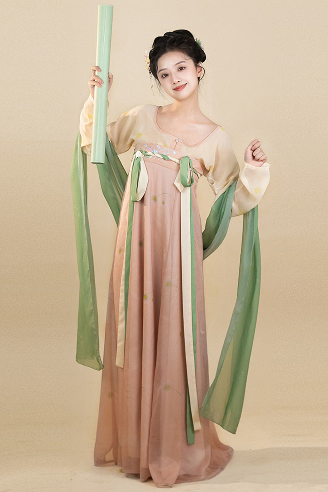 Tang Dynasty Pink Hanfu Dress One Piece Chest High Pleated Skirt Printed - yupushuo 与蒲说